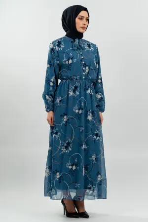 Çiçek Desenli Mavi Tesettür Elbise