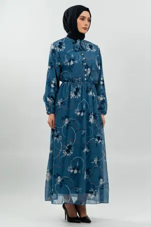 Çiçek Desenli Mavi Tesettür Elbise