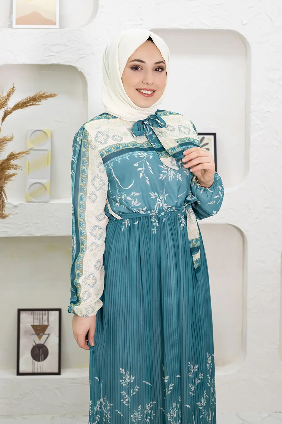 Çiçek Desenli Mint Yeşili Tesettür Elbise-detail