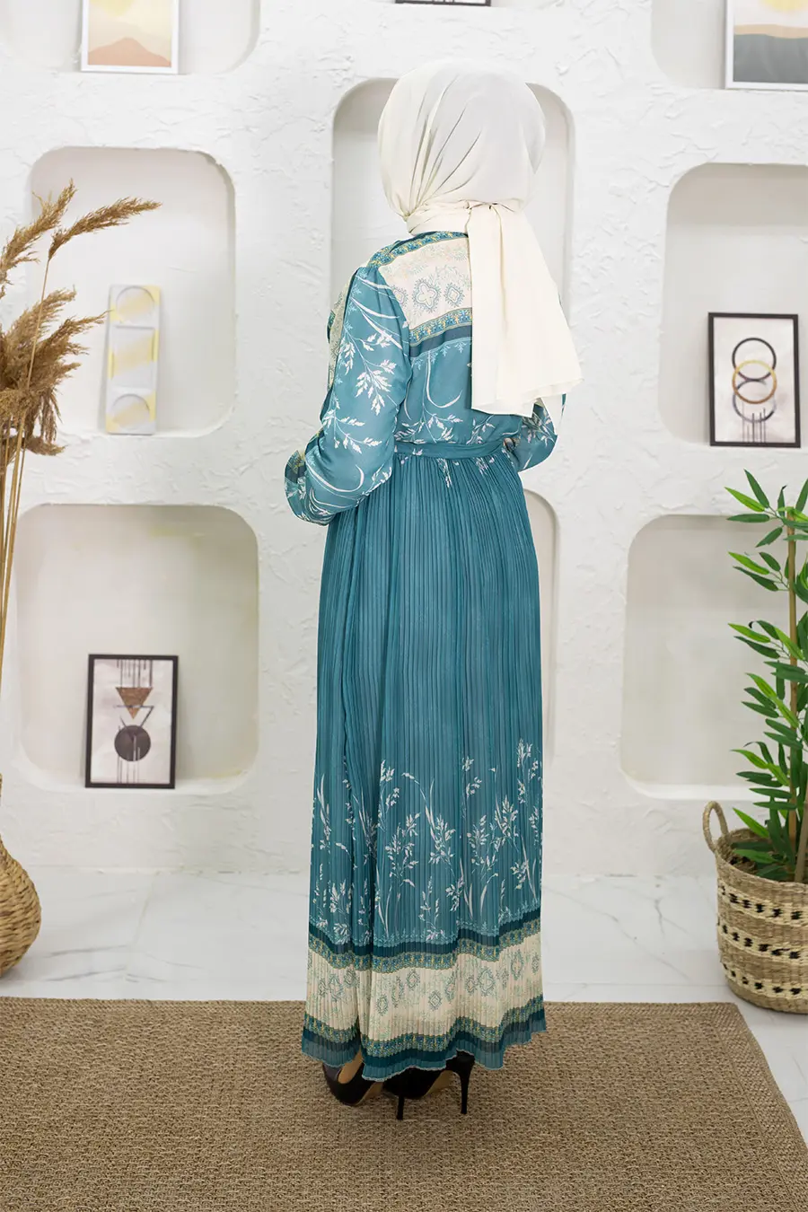 Çiçek Desenli Mint Yeşili Tesettür Elbise-detail