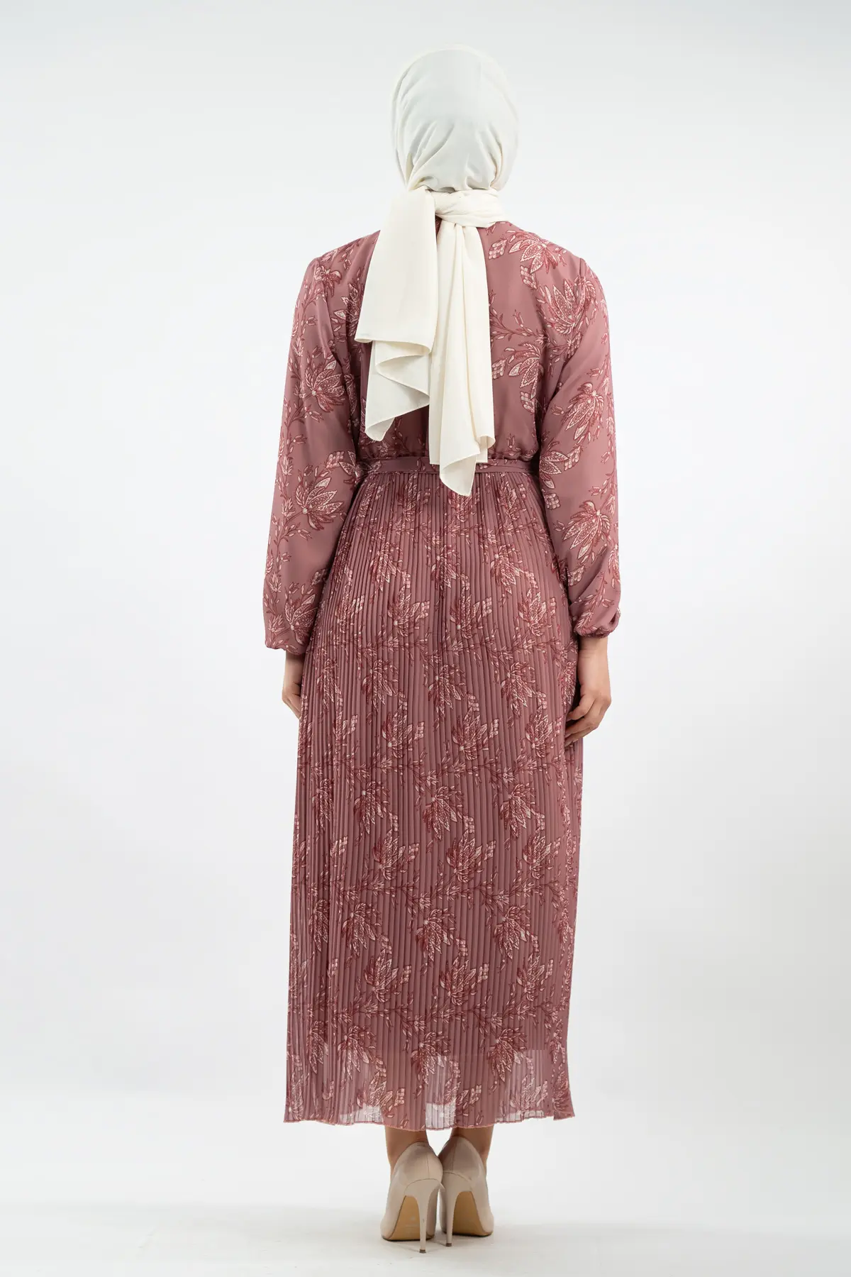 Çiçek Desenli Pileli Gül Kurusu Tesettür Elbise-detail