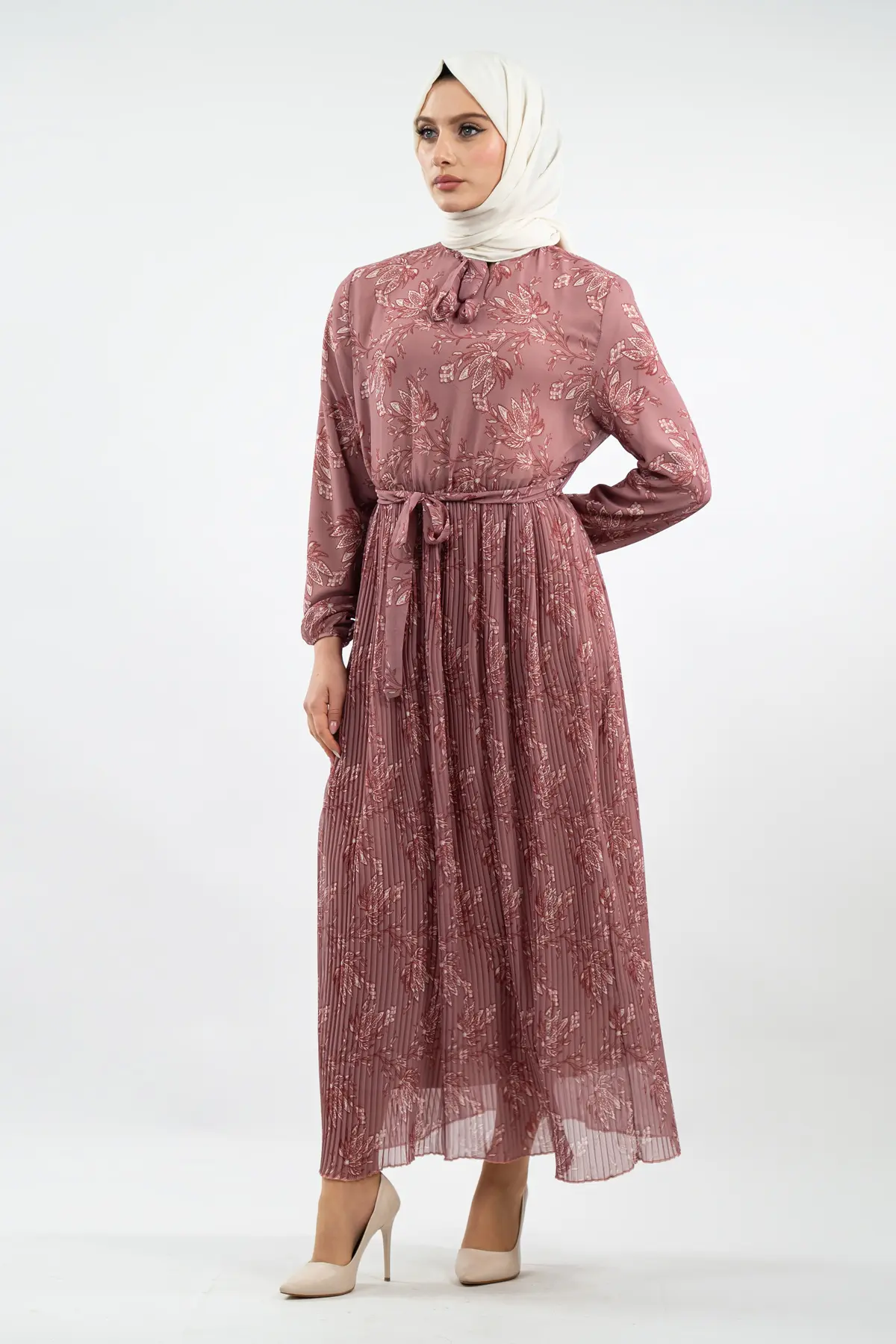 Çiçek Desenli Pileli Gül Kurusu Tesettür Elbise-detail