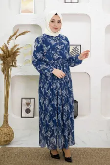 Çiçek Desenli Pileli Indigo Tesettür Elbise