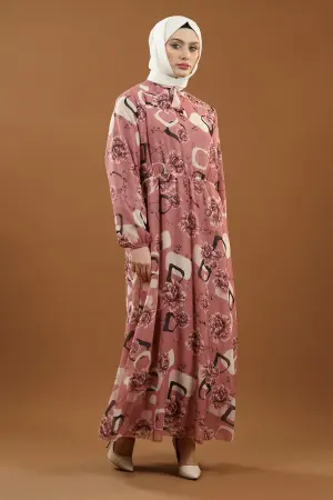 Çiçek Desenli Somon Tesettür Elbise
