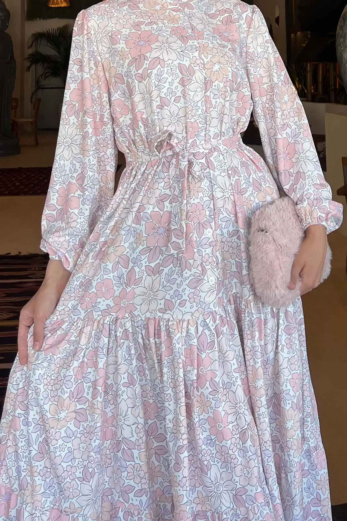 Çiçek Desenli Tesettür Elbise Pudra 502-detail