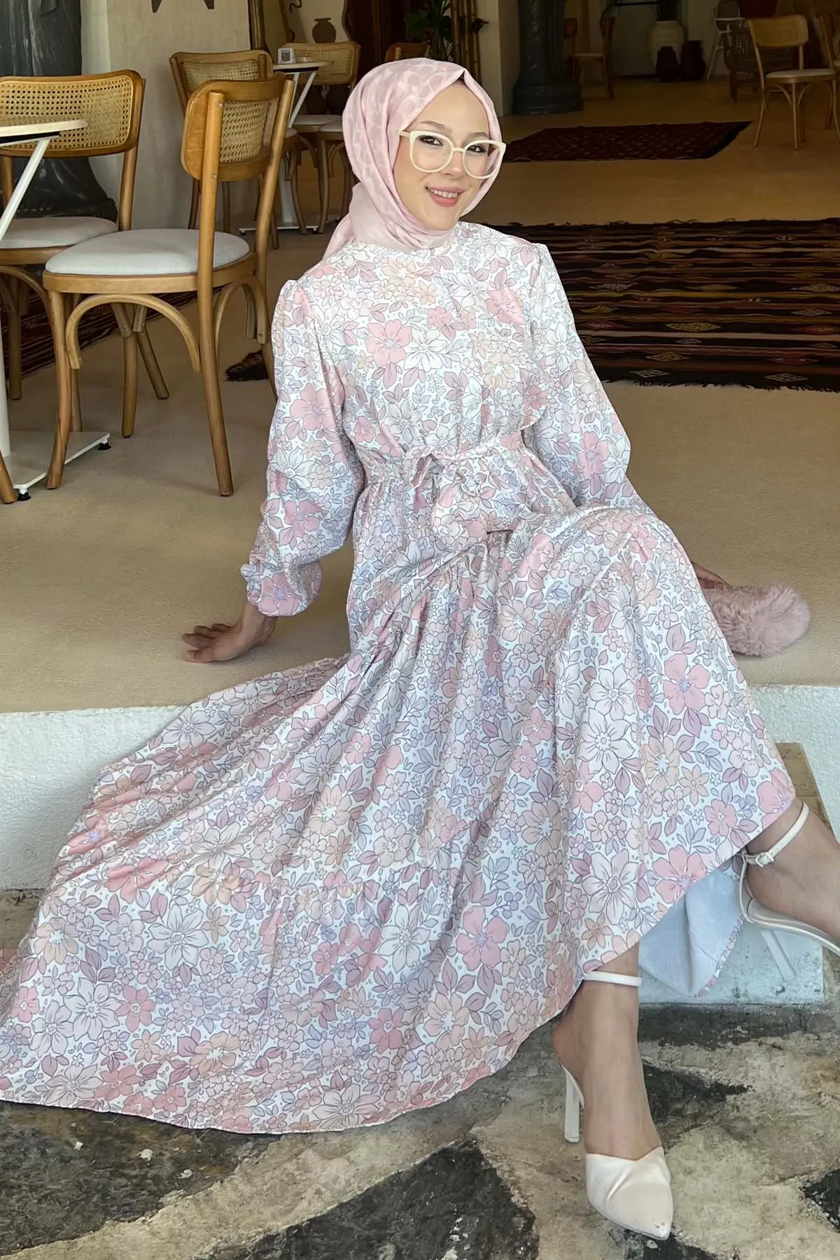 Çiçek Desenli Tesettür Elbise Pudra 502-detail