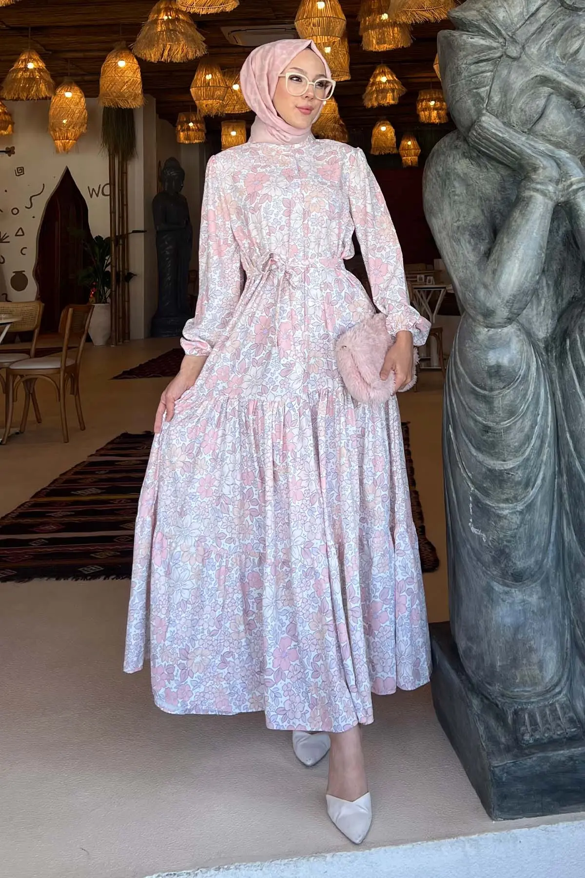 Çiçek Desenli Tesettür Elbise Pudra 502-detail