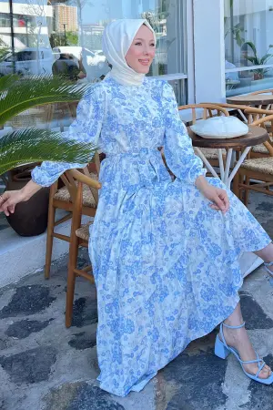 Çiçek Desenli Tesettür Elbise Mavi 503