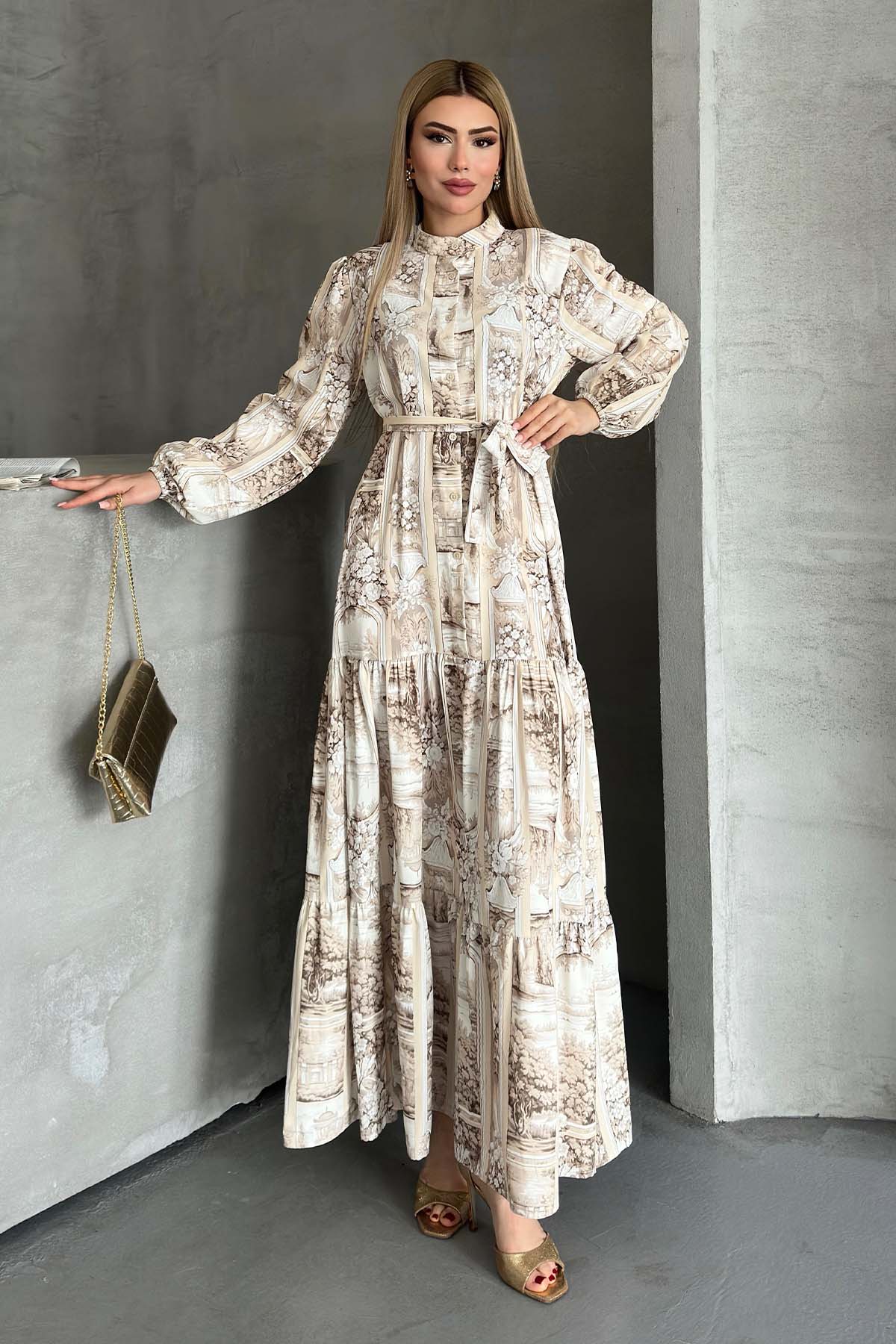 Desenli Tesettür Elbise Bej 507-1