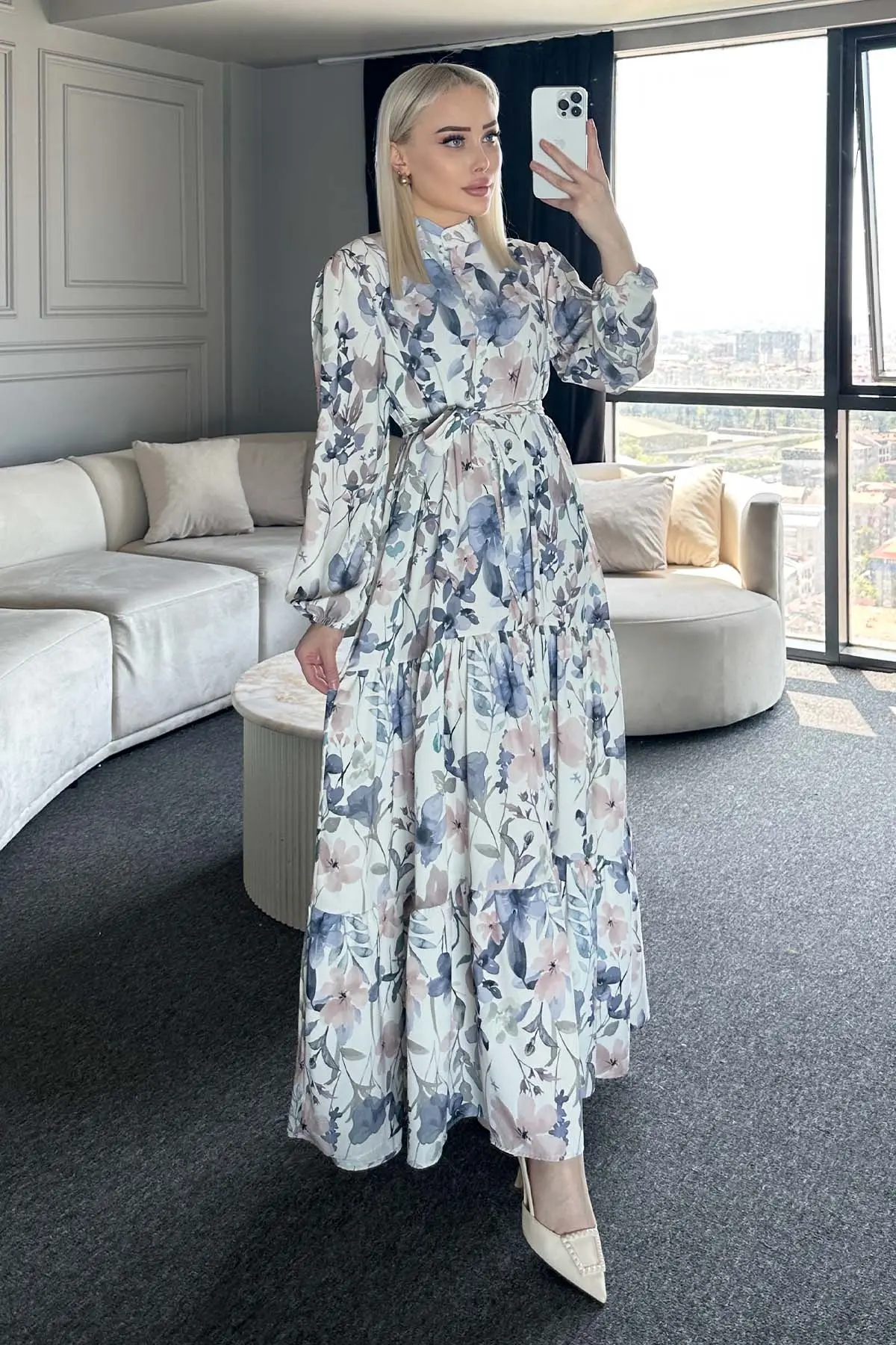 Çiçek Desenli Tesettür Elbise-detail