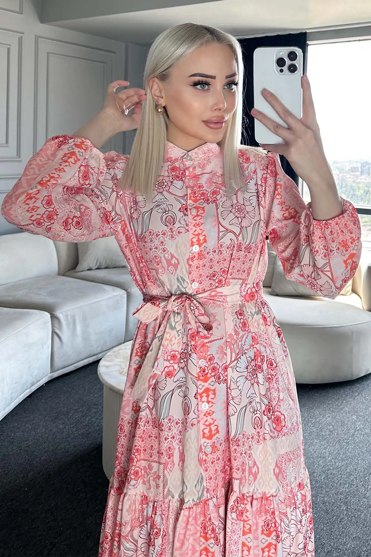 Çiçek Desenli Tesettür Elbise-detail