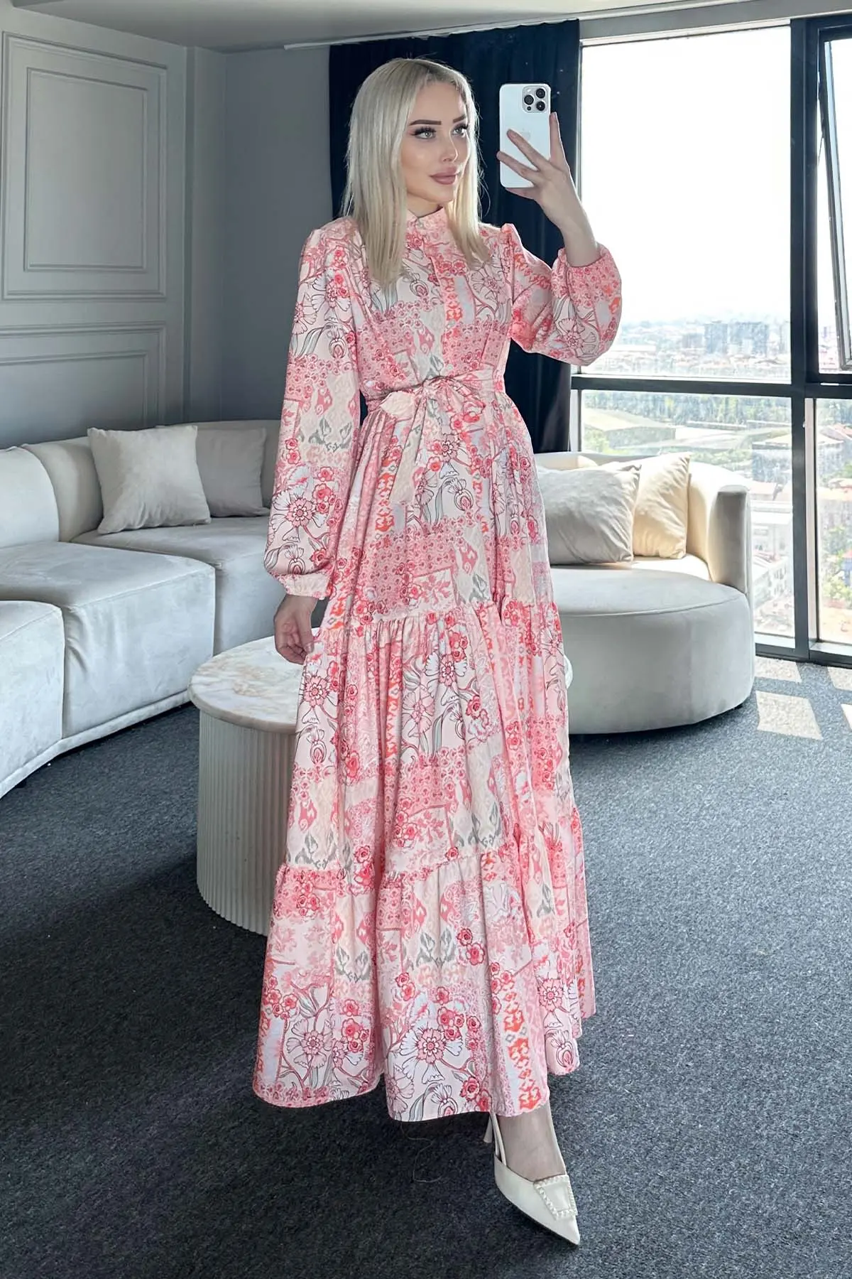 Çiçek Desenli Tesettür Elbise-detail