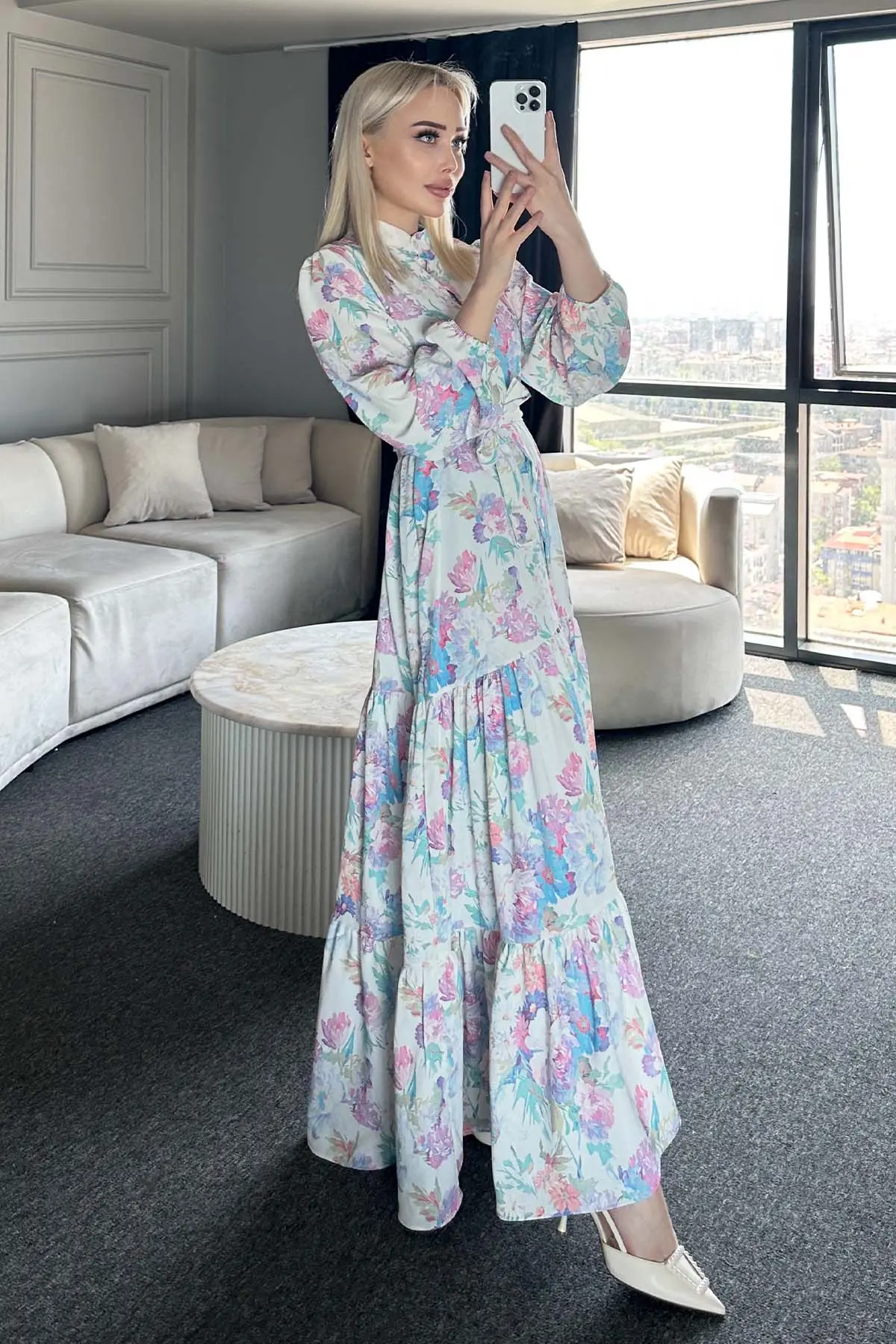 Çiçek Desenli Tesettür Elbise-detail