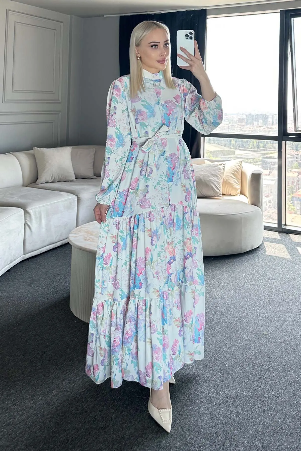 Çiçek Desenli Tesettür Elbise-detail