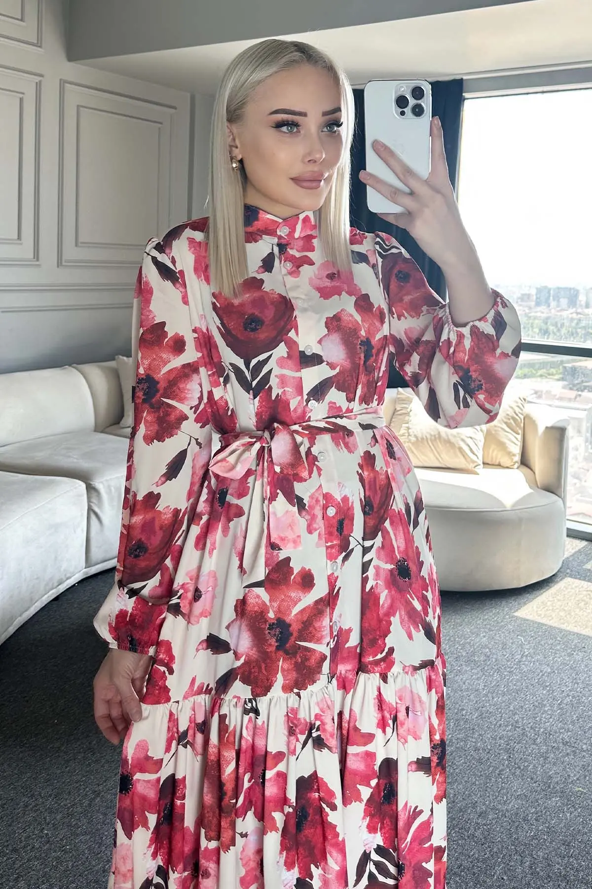 Çiçek Desenli Tesettür Elbise-detail