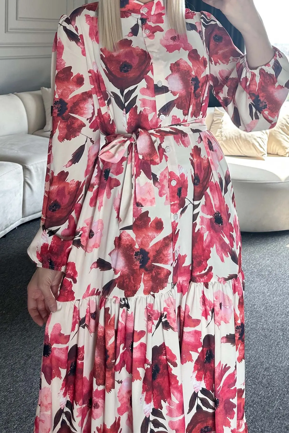 Çiçek Desenli Tesettür Elbise-detail