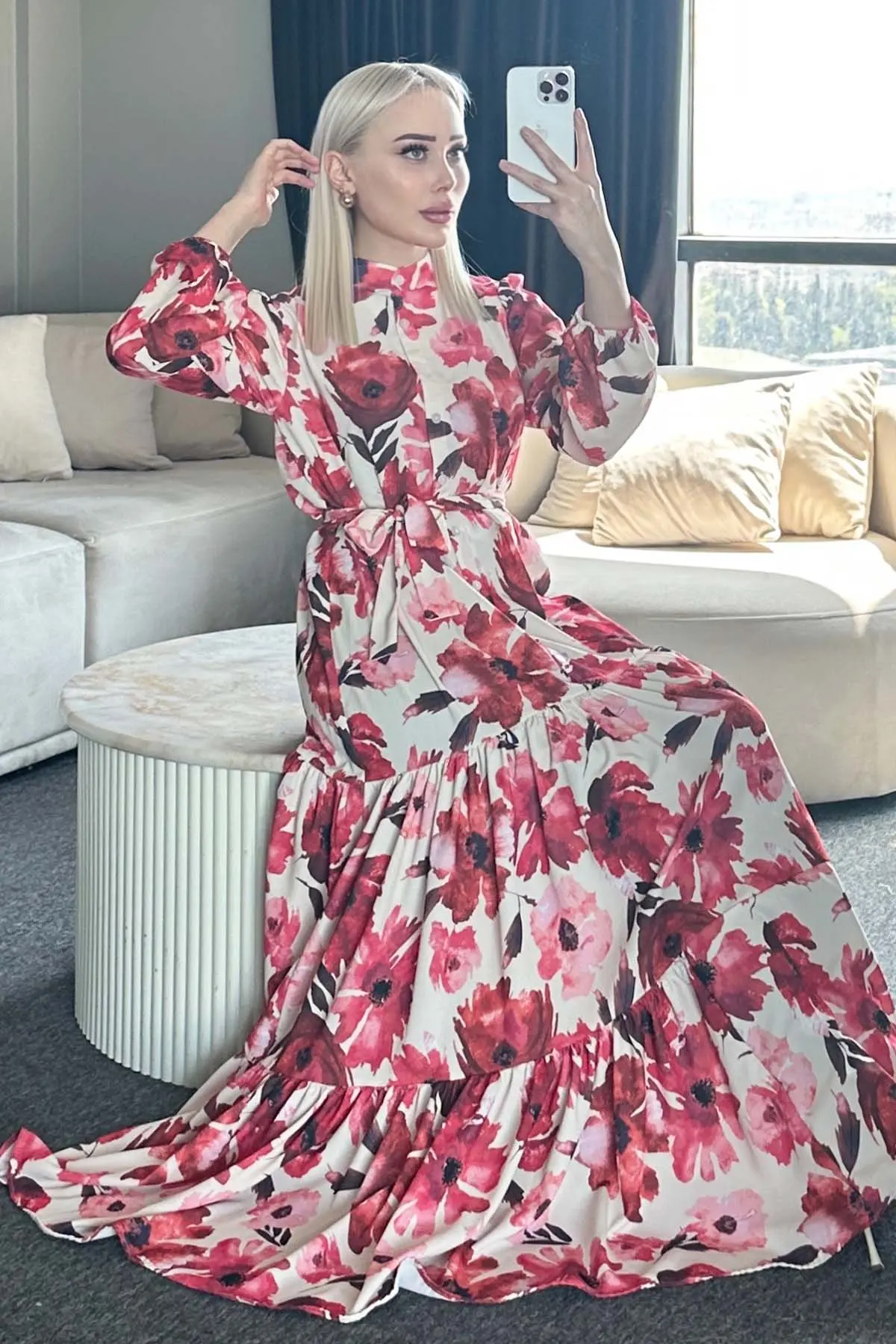 Çiçek Desenli Tesettür Elbise-detail