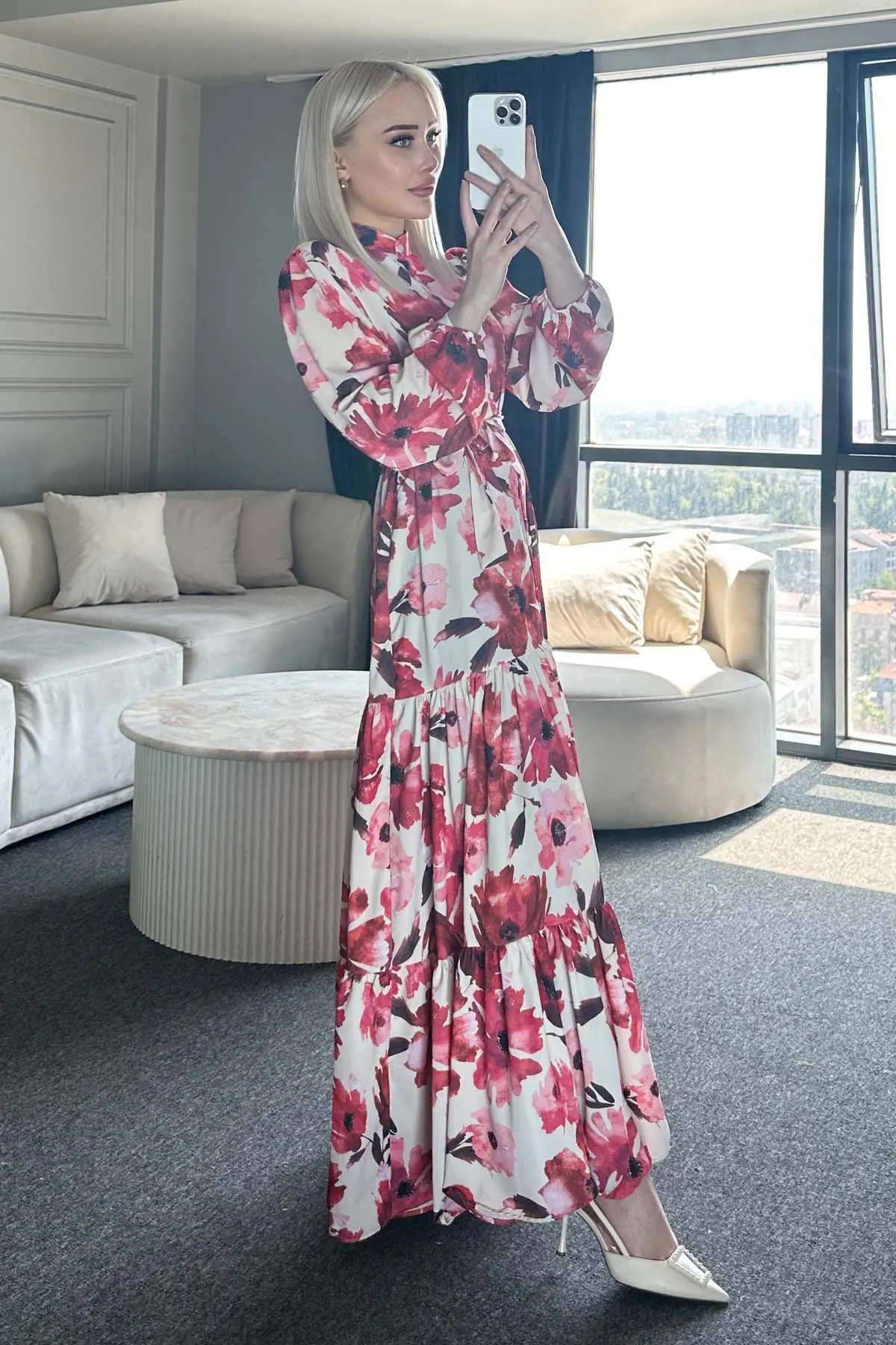 Çiçek Desenli Tesettür Elbise-detail