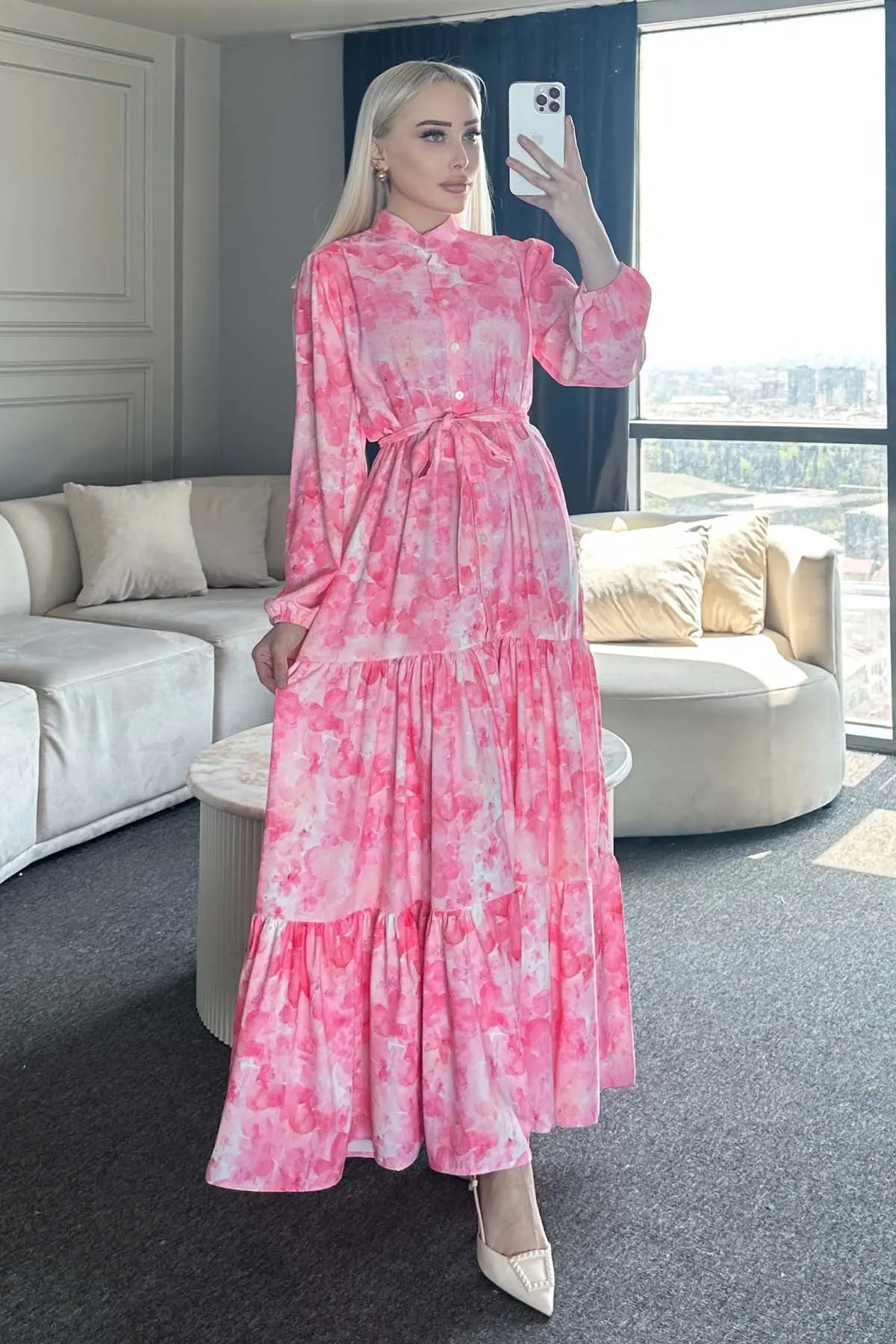 Çiçek Desenli Tesettür Elbise-detail