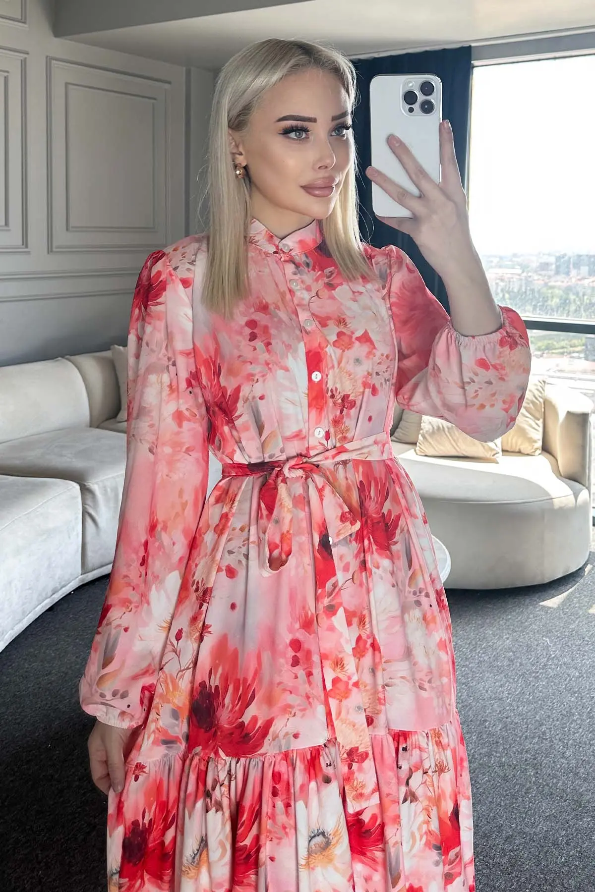 Çiçek Desenli Tesettür Elbise-detail