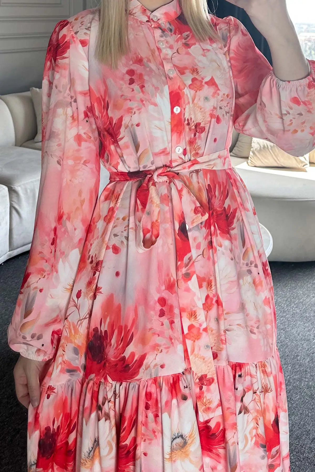 Çiçek Desenli Tesettür Elbise-detail