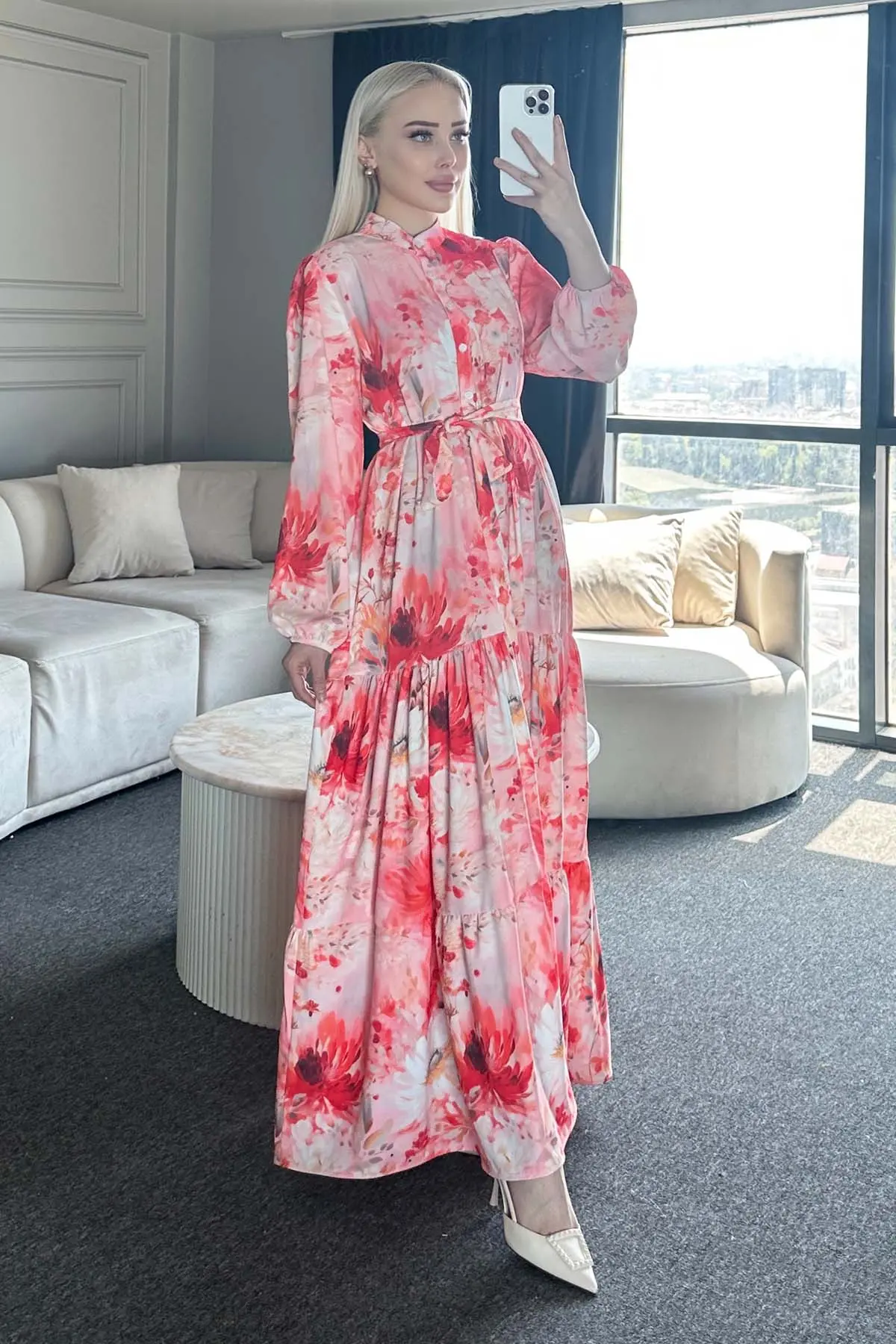 Çiçek Desenli Tesettür Elbise-detail