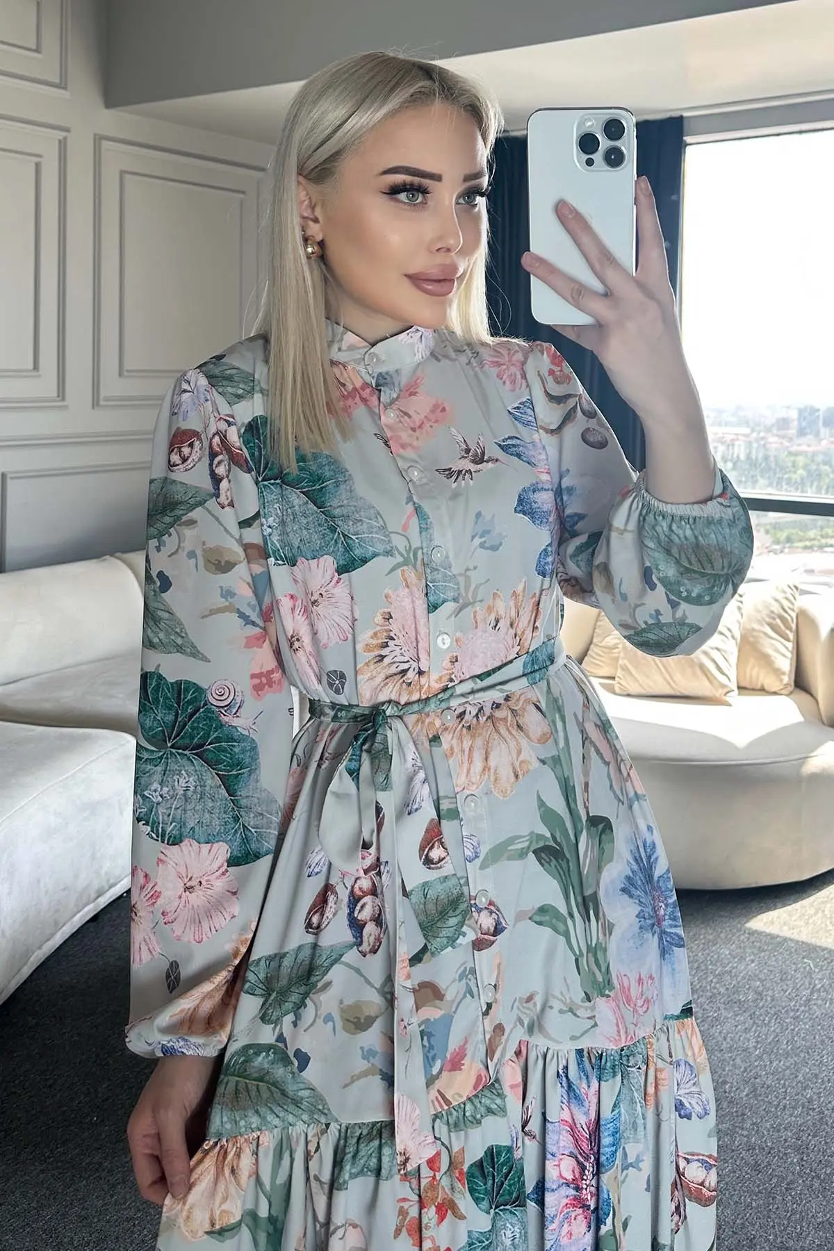 Çiçek Desenli Tesettür Elbise-detail