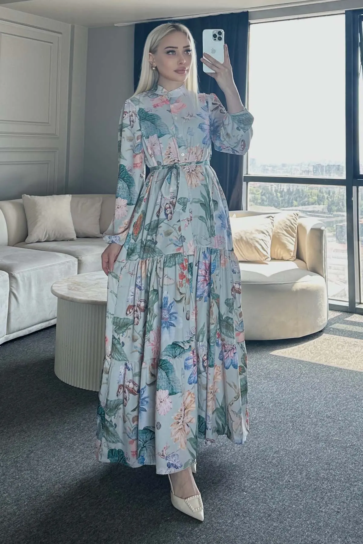 Çiçek Desenli Tesettür Elbise-detail