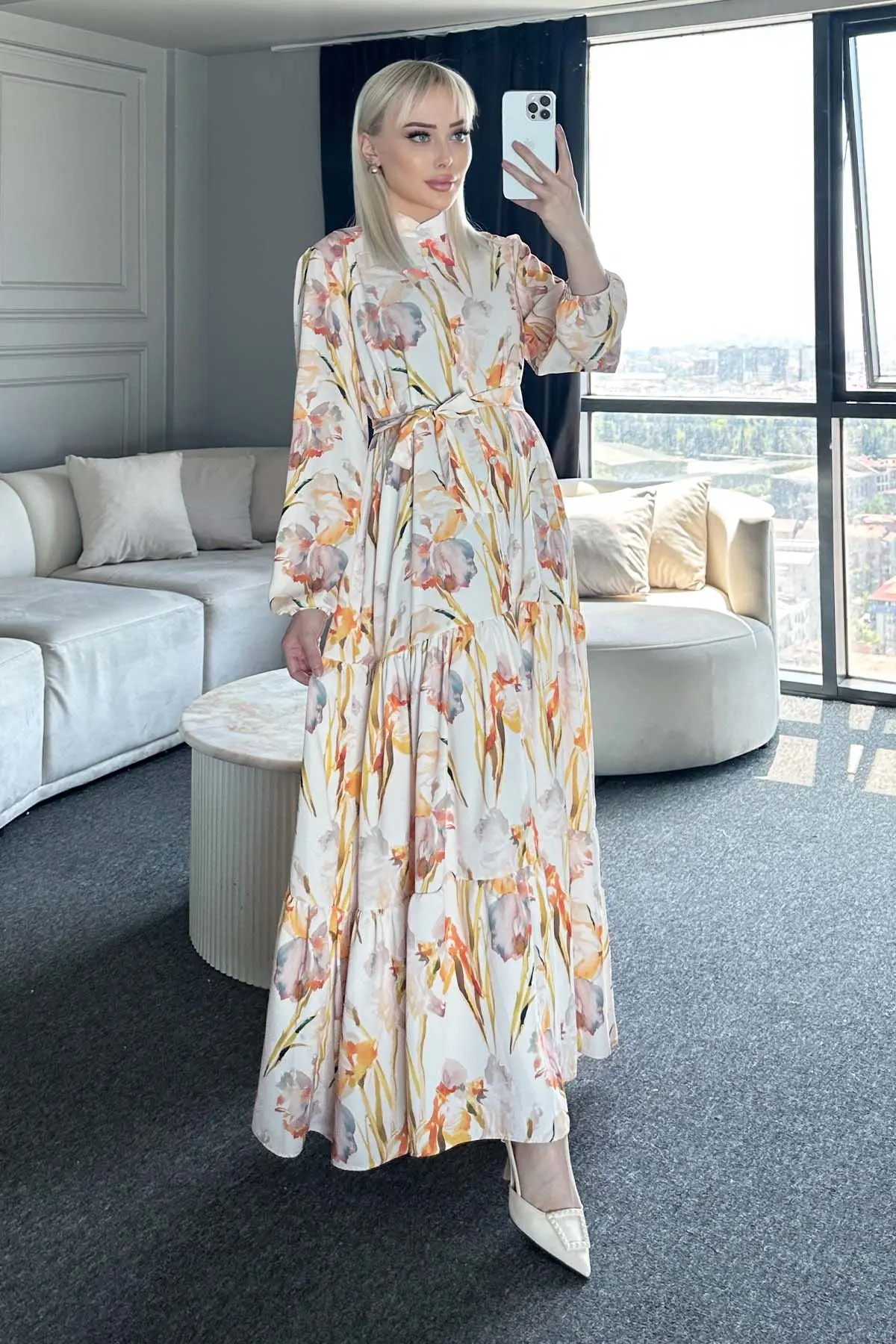 Çiçek Desenli Tesettür Elbise-detail