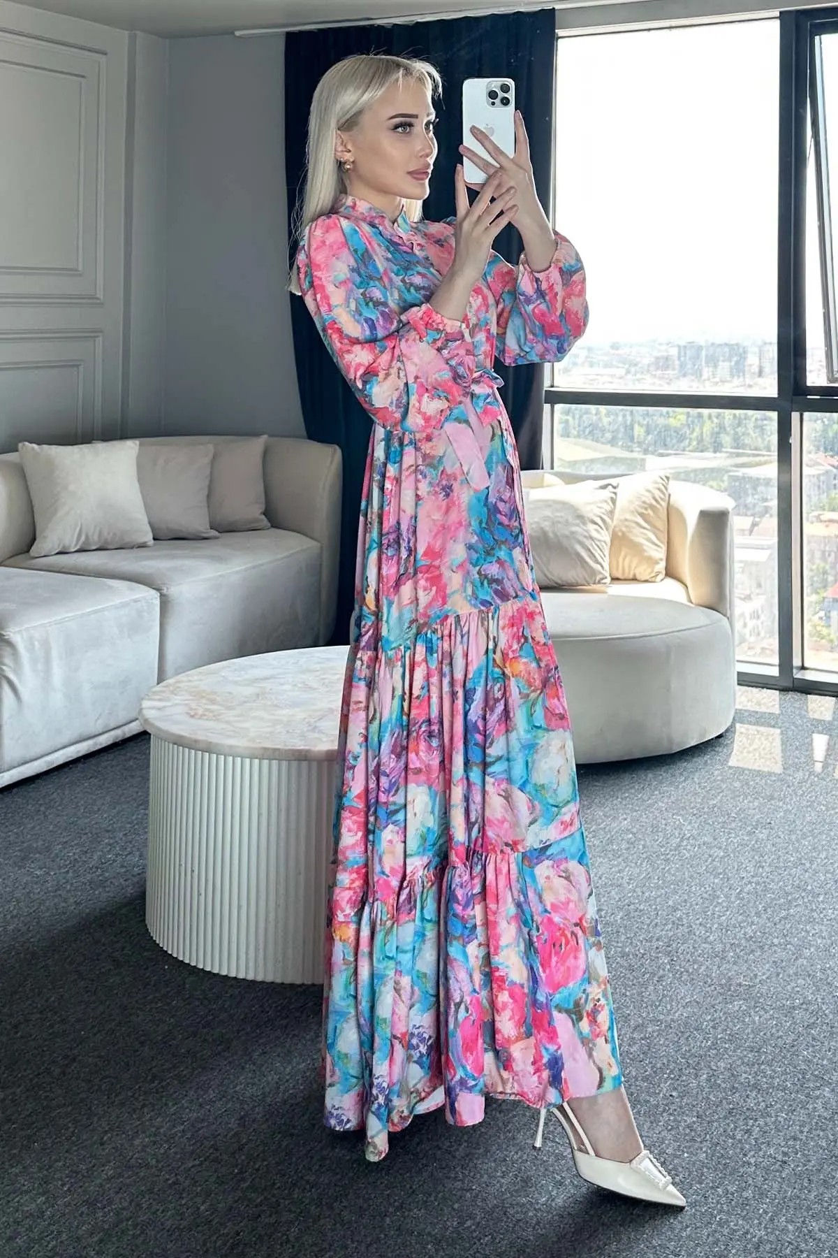 Çiçek Desenli Tesettür Elbise-detail