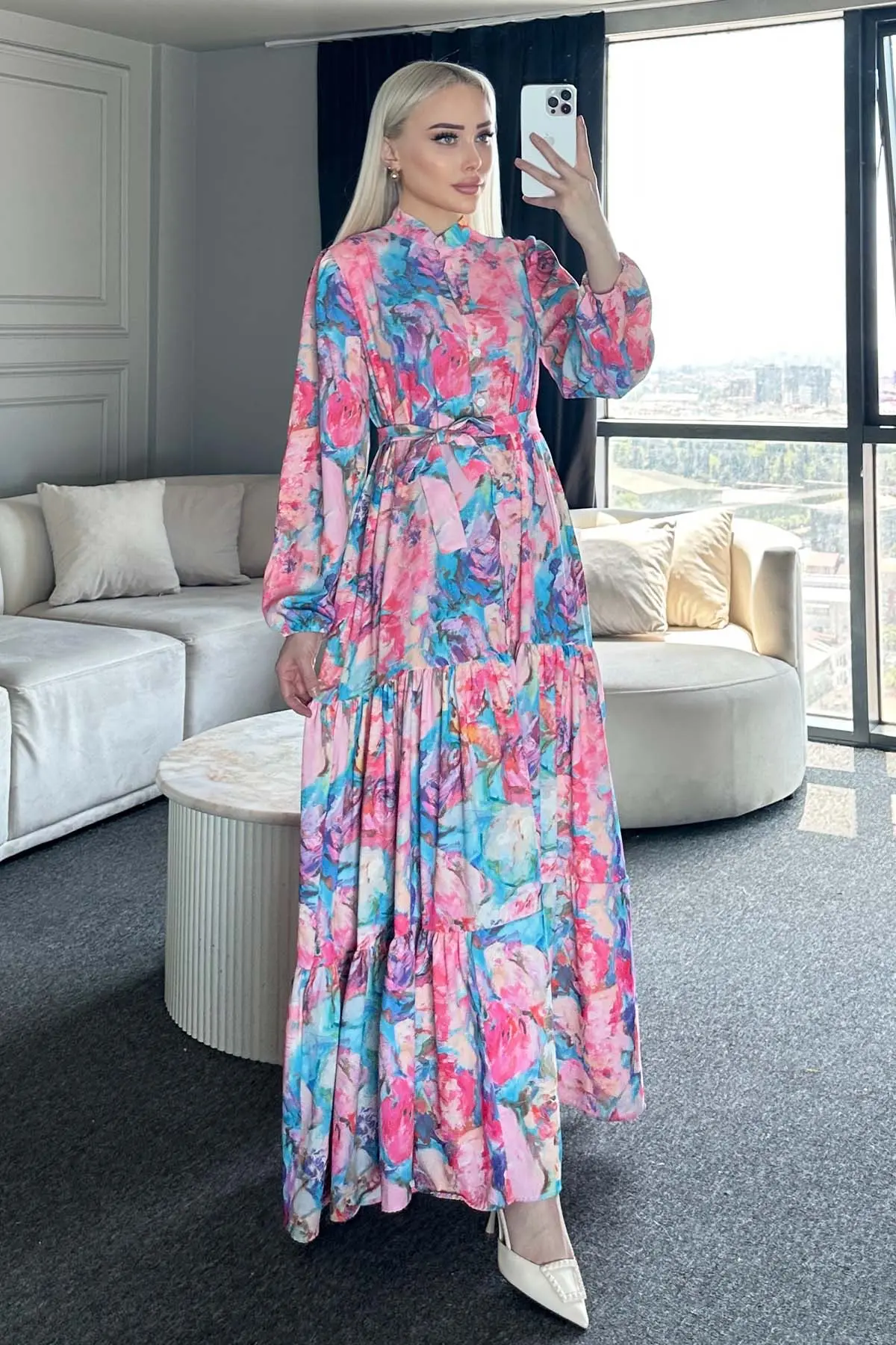 Çiçek Desenli Tesettür Elbise-detail