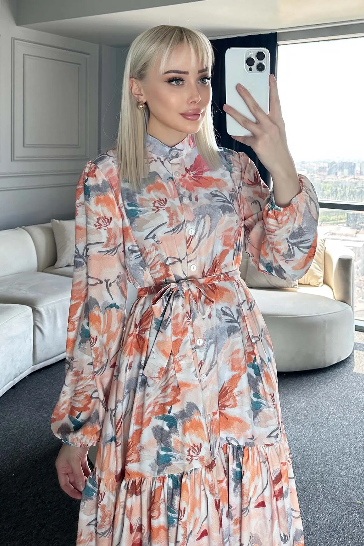 Çiçek Desenli Tesettür Elbise-detail