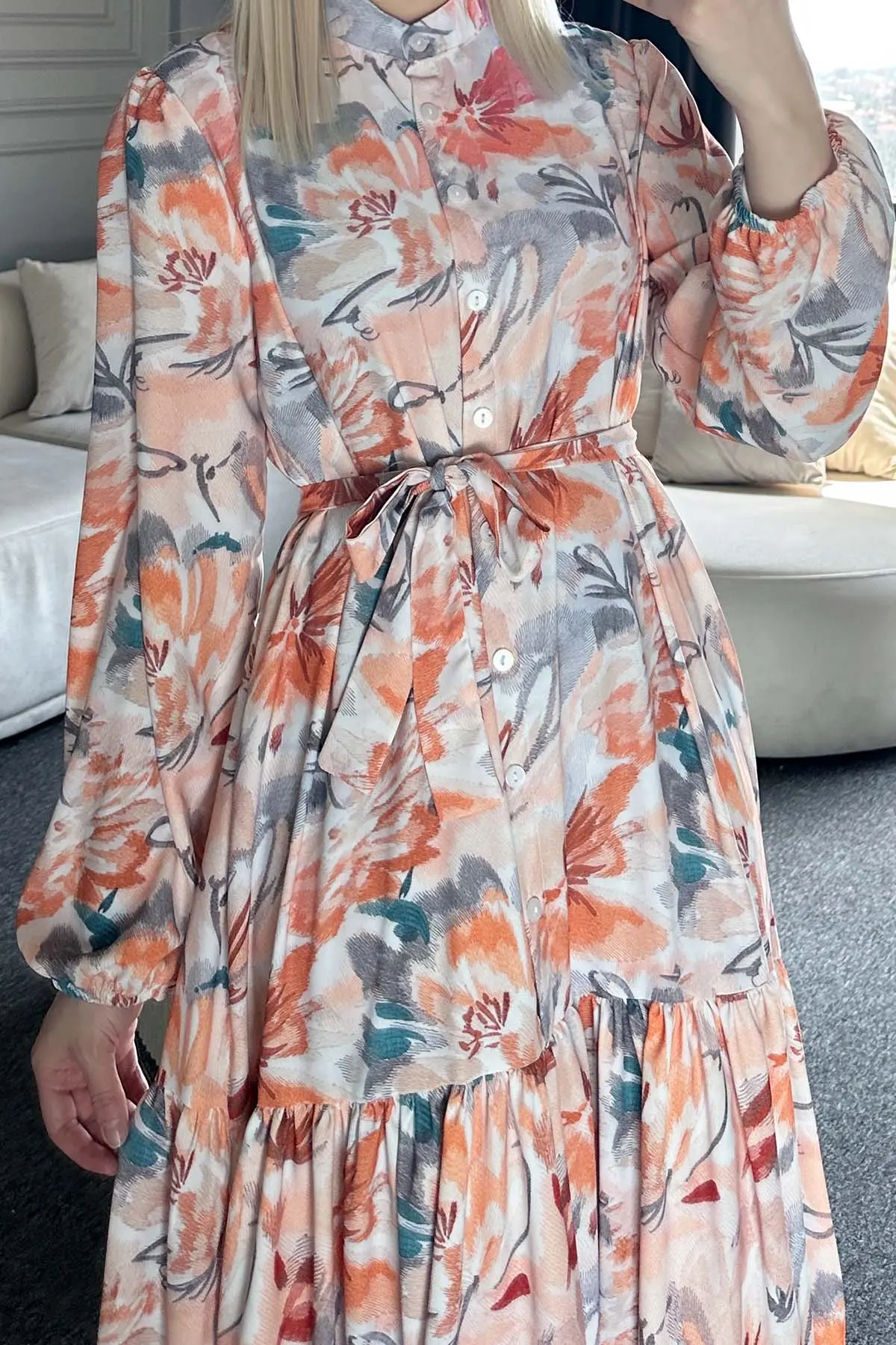 Çiçek Desenli Tesettür Elbise-detail