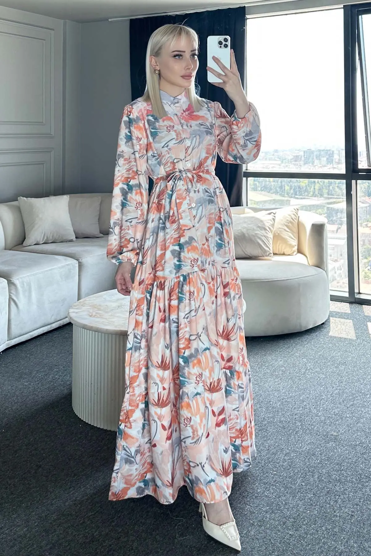 Çiçek Desenli Tesettür Elbise-detail