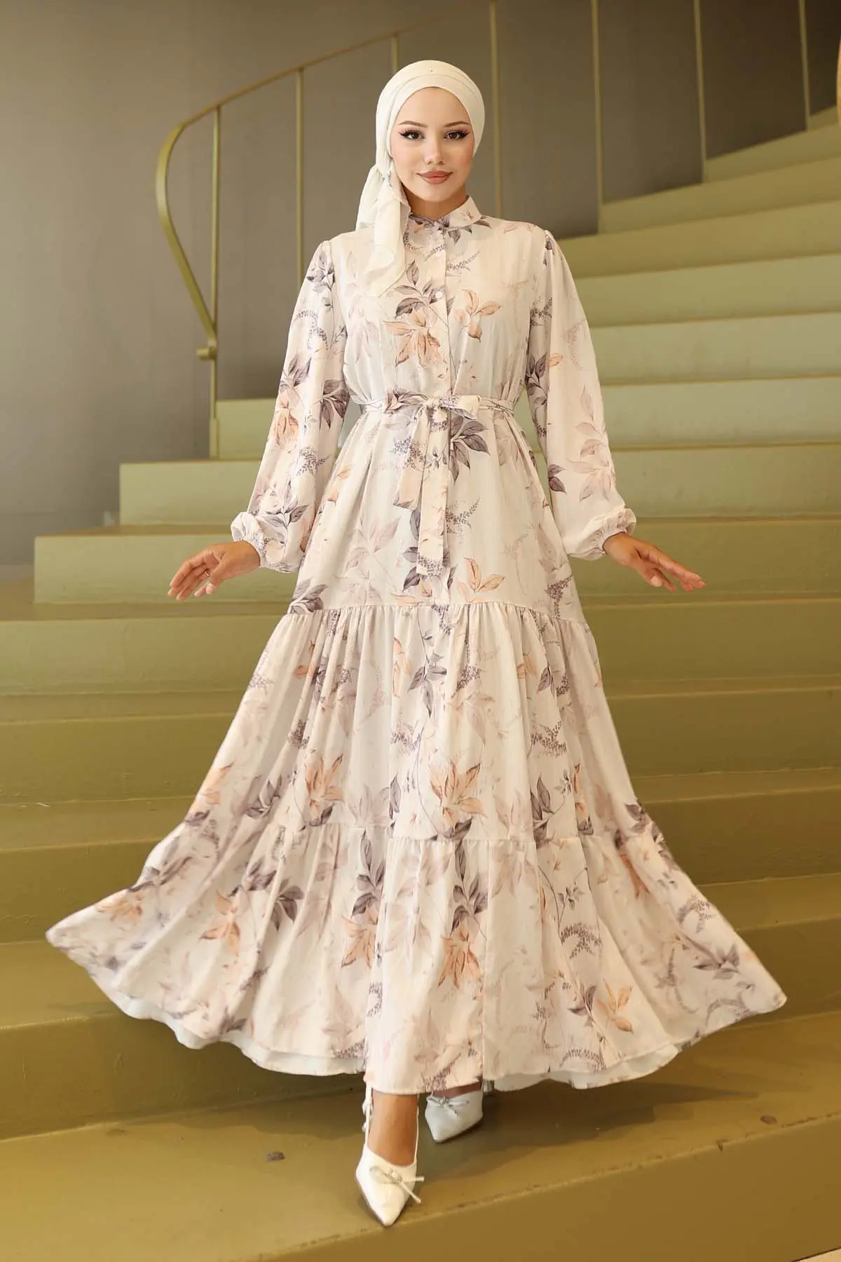 Çiçek Desenli Tesettür Elbise-detail