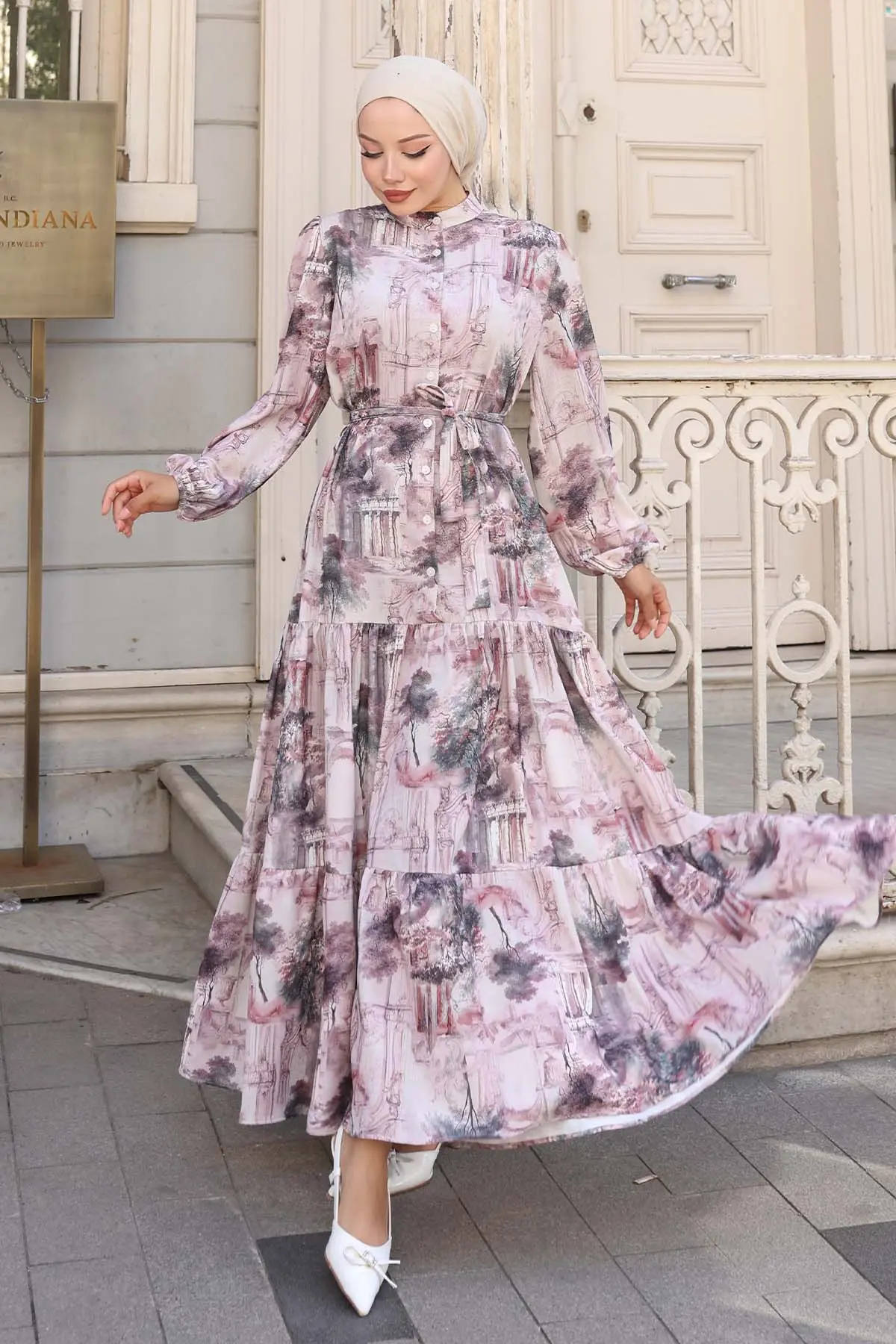 Çiçek Desenli Tesettür Elbise-detail