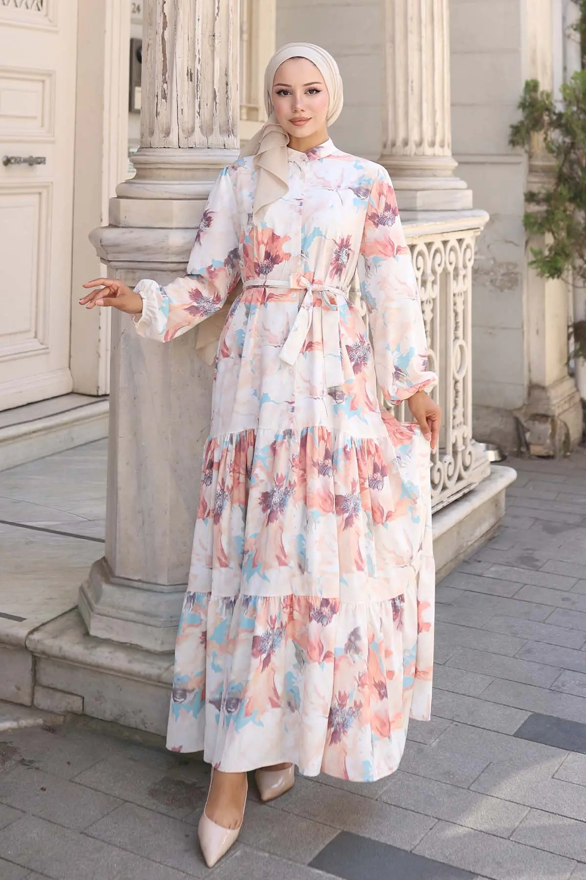 Çiçek Desenli Tesettür Elbise-detail