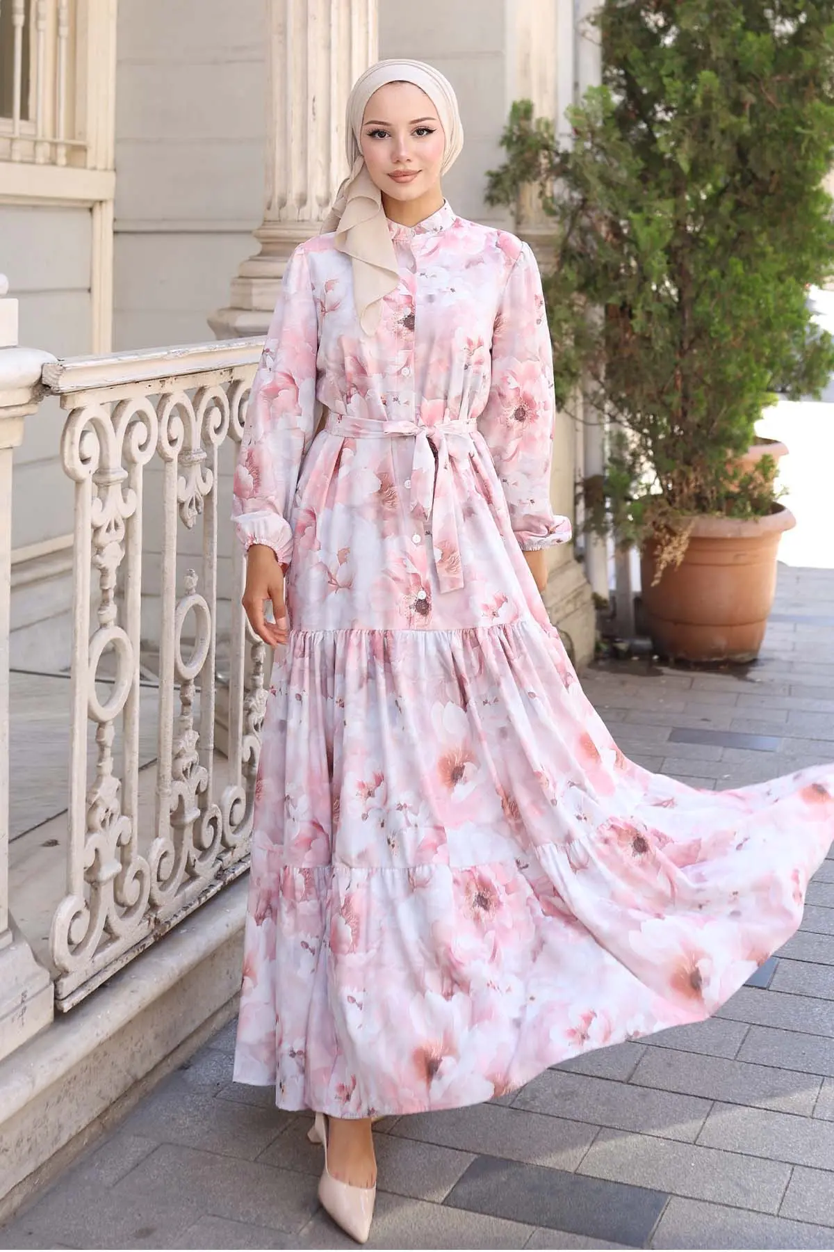 Çiçek Desenli Tesettür Elbise-detail