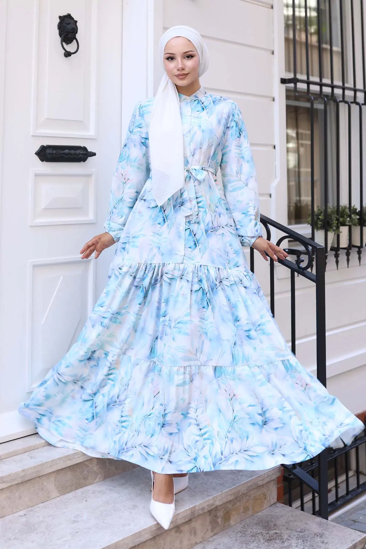 Çiçek Desenli Tesettür Elbise-detail