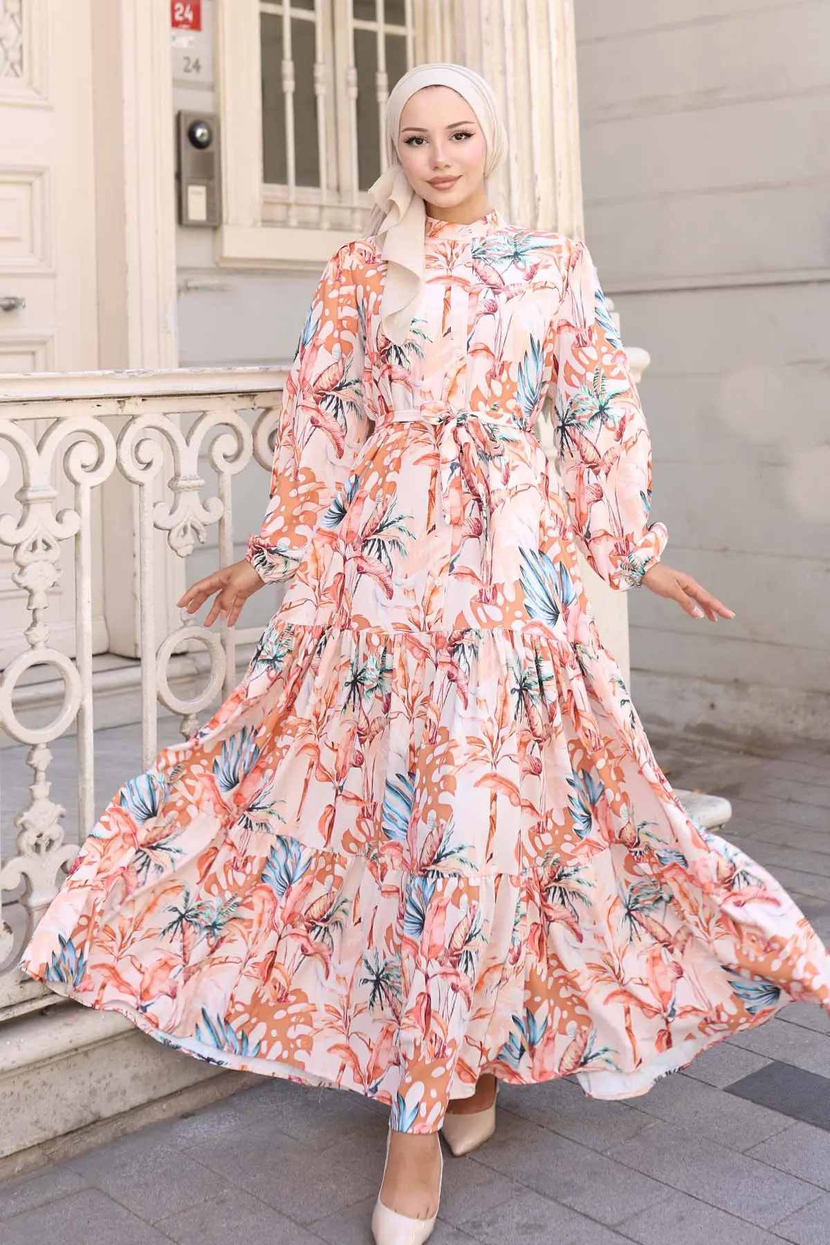 Çiçek Desenli Tesettür Elbise-detail