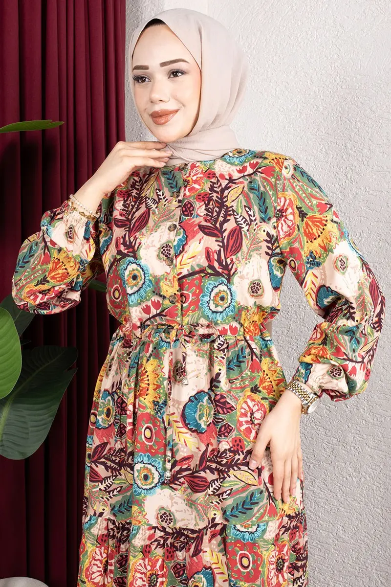 Çiçek Desenli Viskon Elbise-detail