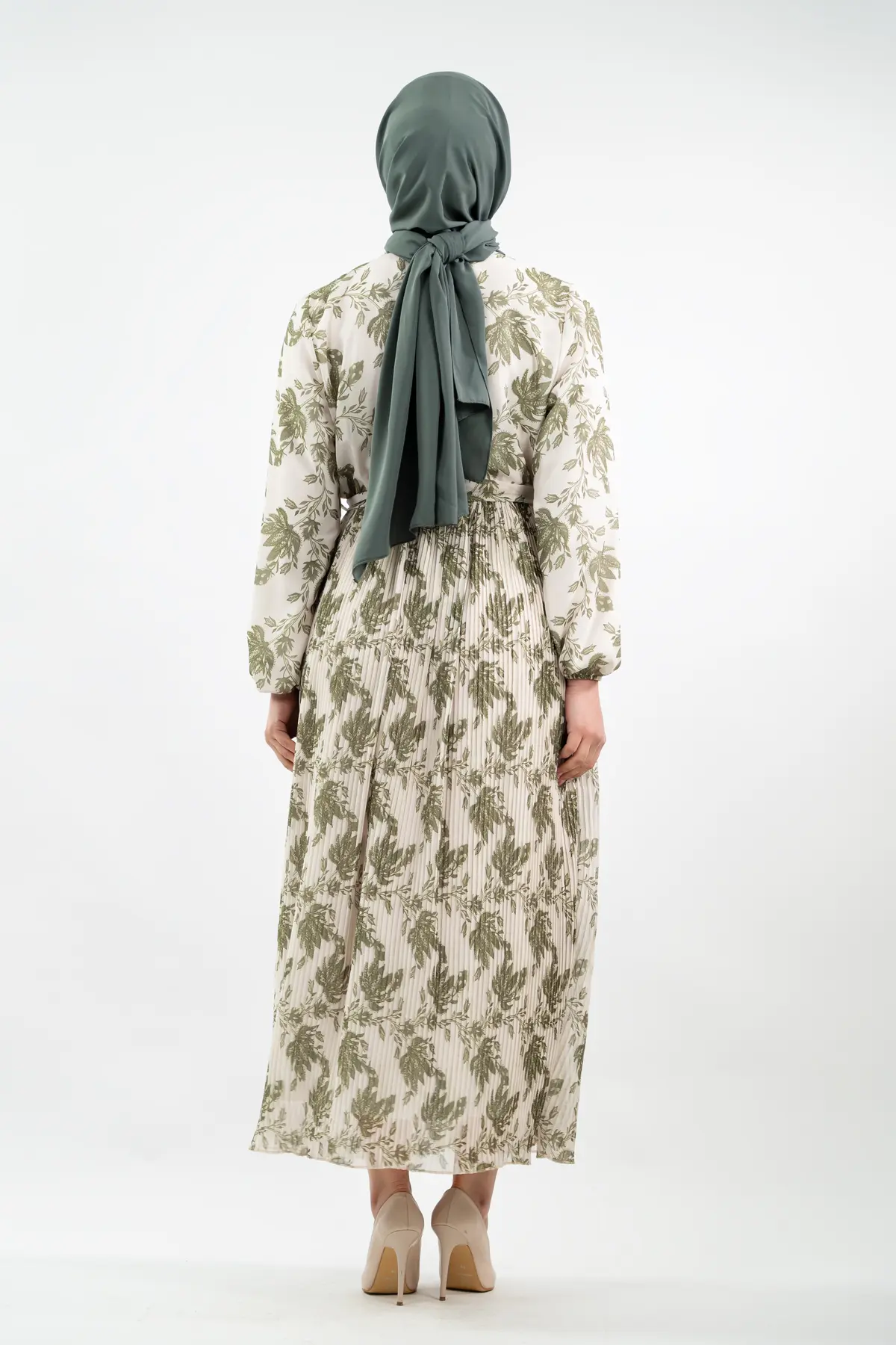 Çiçek Desenli Yeşil Tesettür Elbise-detail