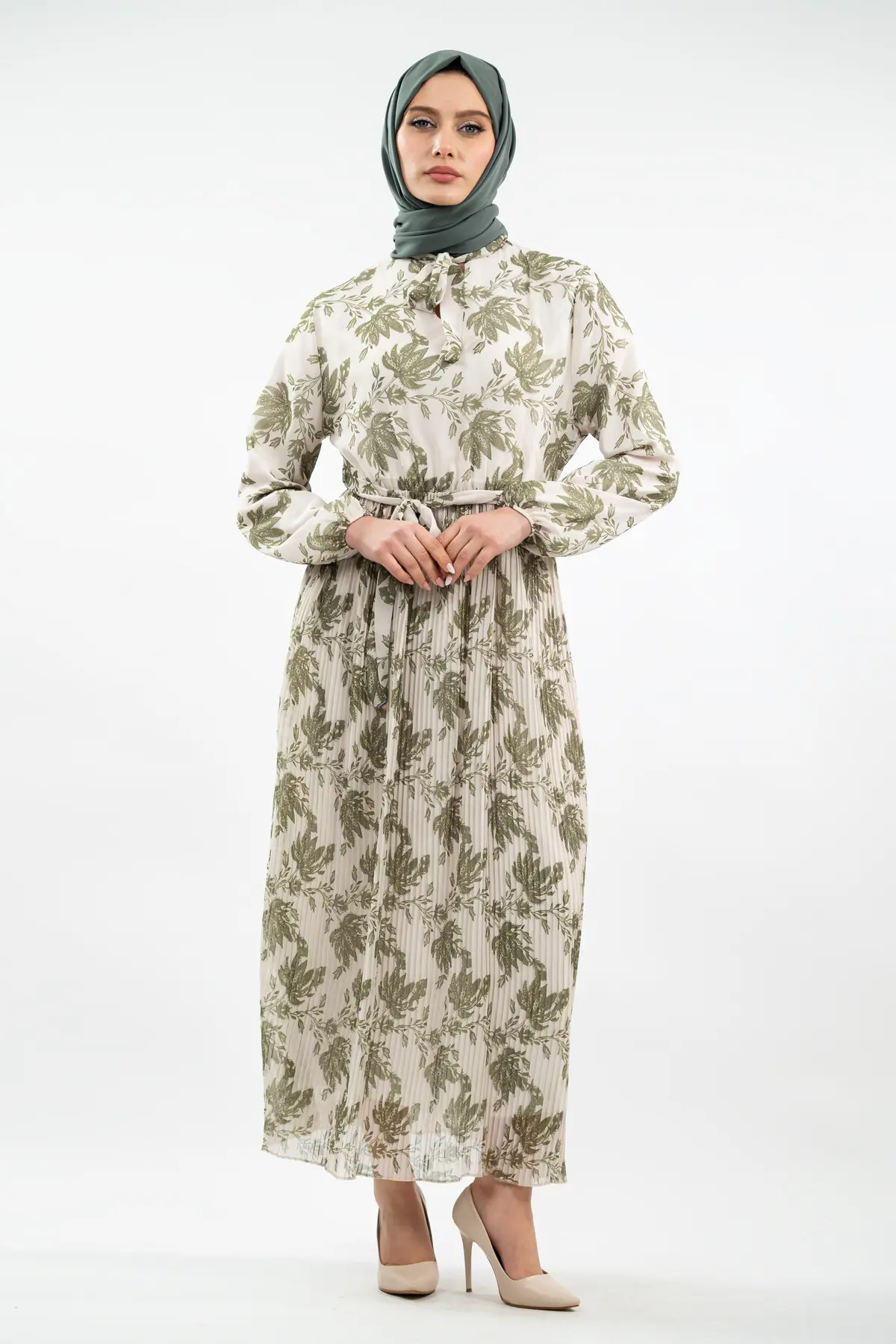 Çiçek Desenli Yeşil Tesettür Elbise-detail