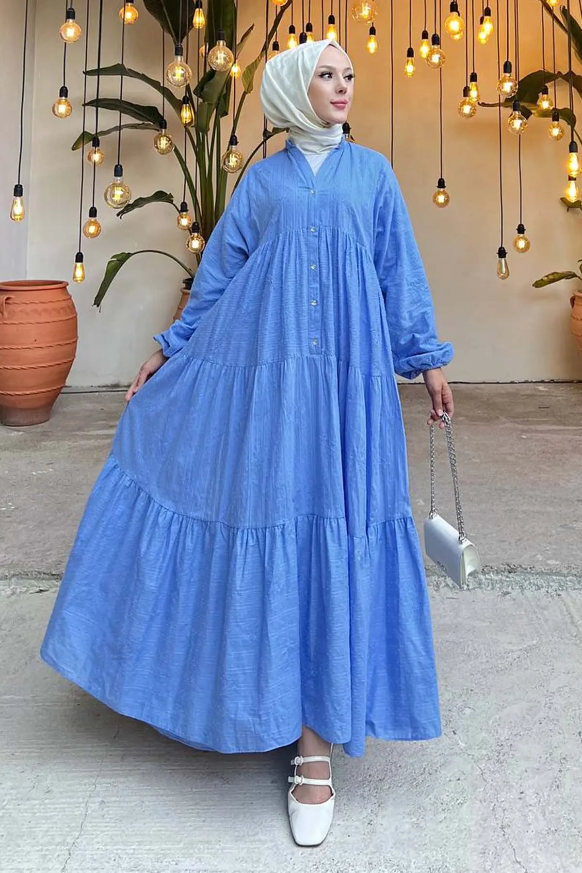 Çiçek Kabartma Desenli Elbise Mavi 1000-detail