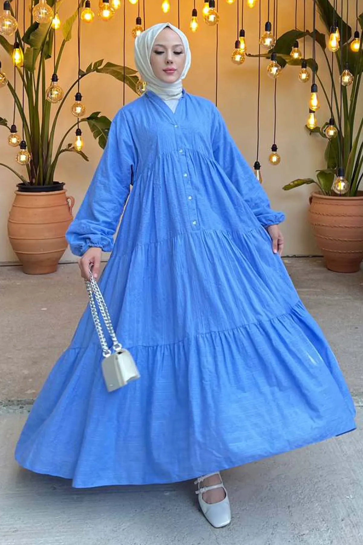 Çiçek Kabartma Desenli Elbise Mavi 1000-detail