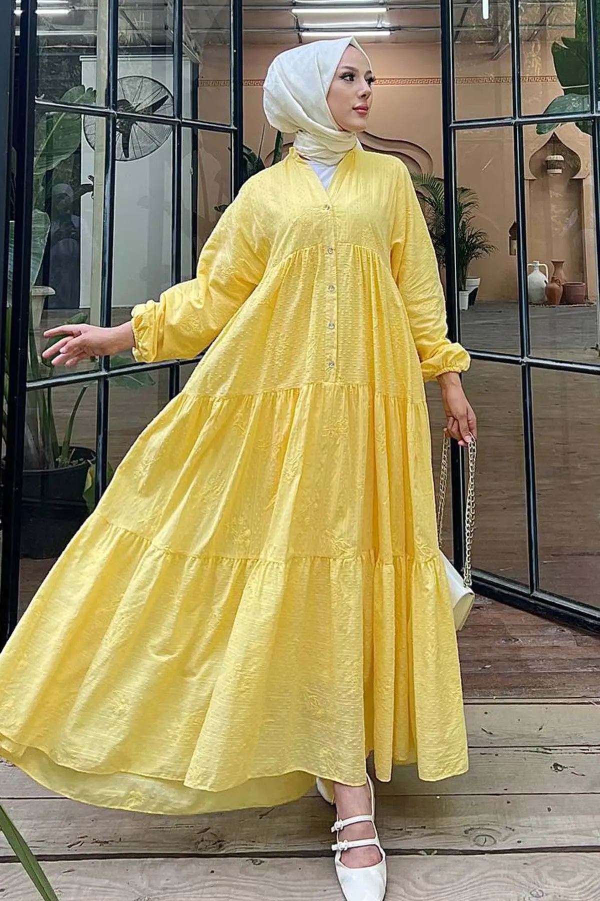 Çiçek Kabartma Desenli Elbise Sarı 1000-detail