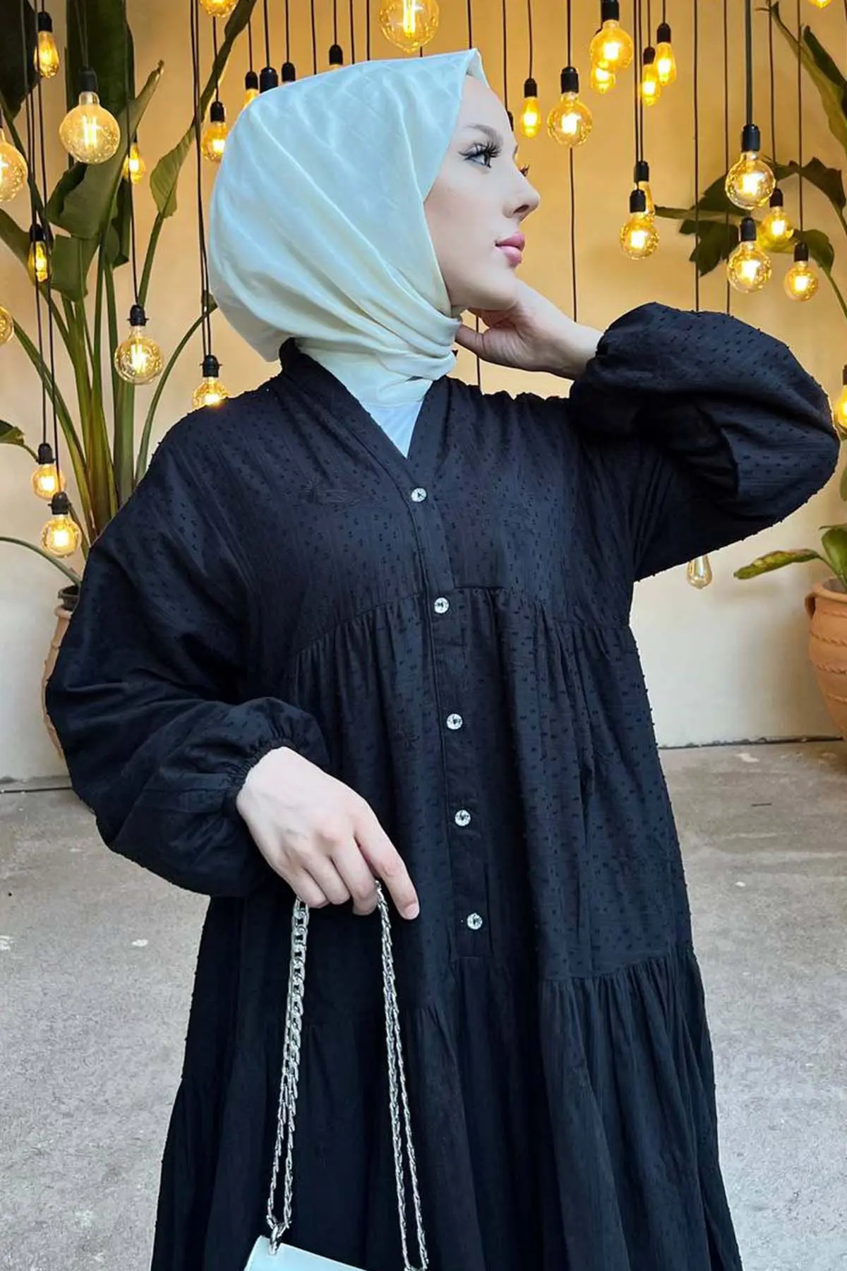 Çiçek Kabartma Desenli Elbise Siyah 1000-detail