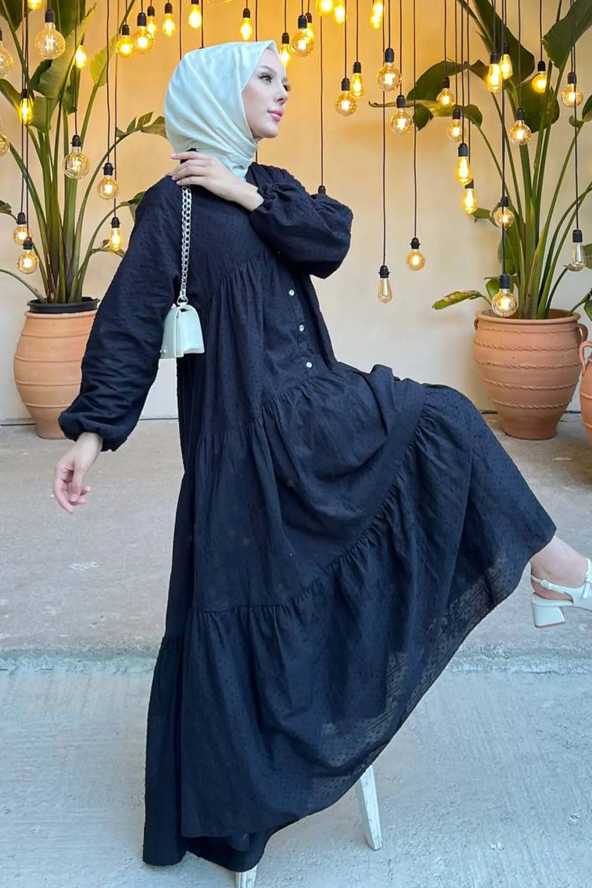 Çiçek Kabartma Desenli Elbise Siyah 1000-detail