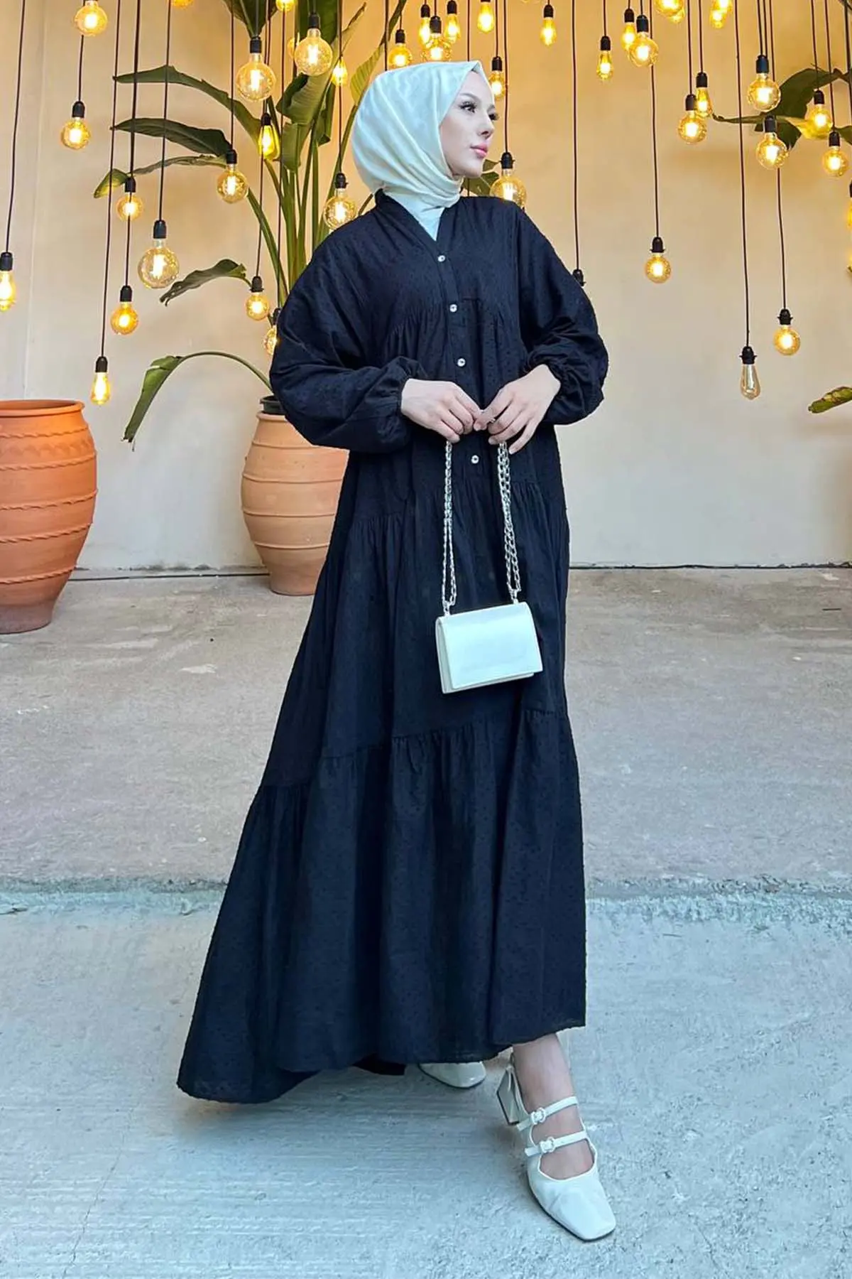 Çiçek Kabartma Desenli Elbise Siyah 1000-detail