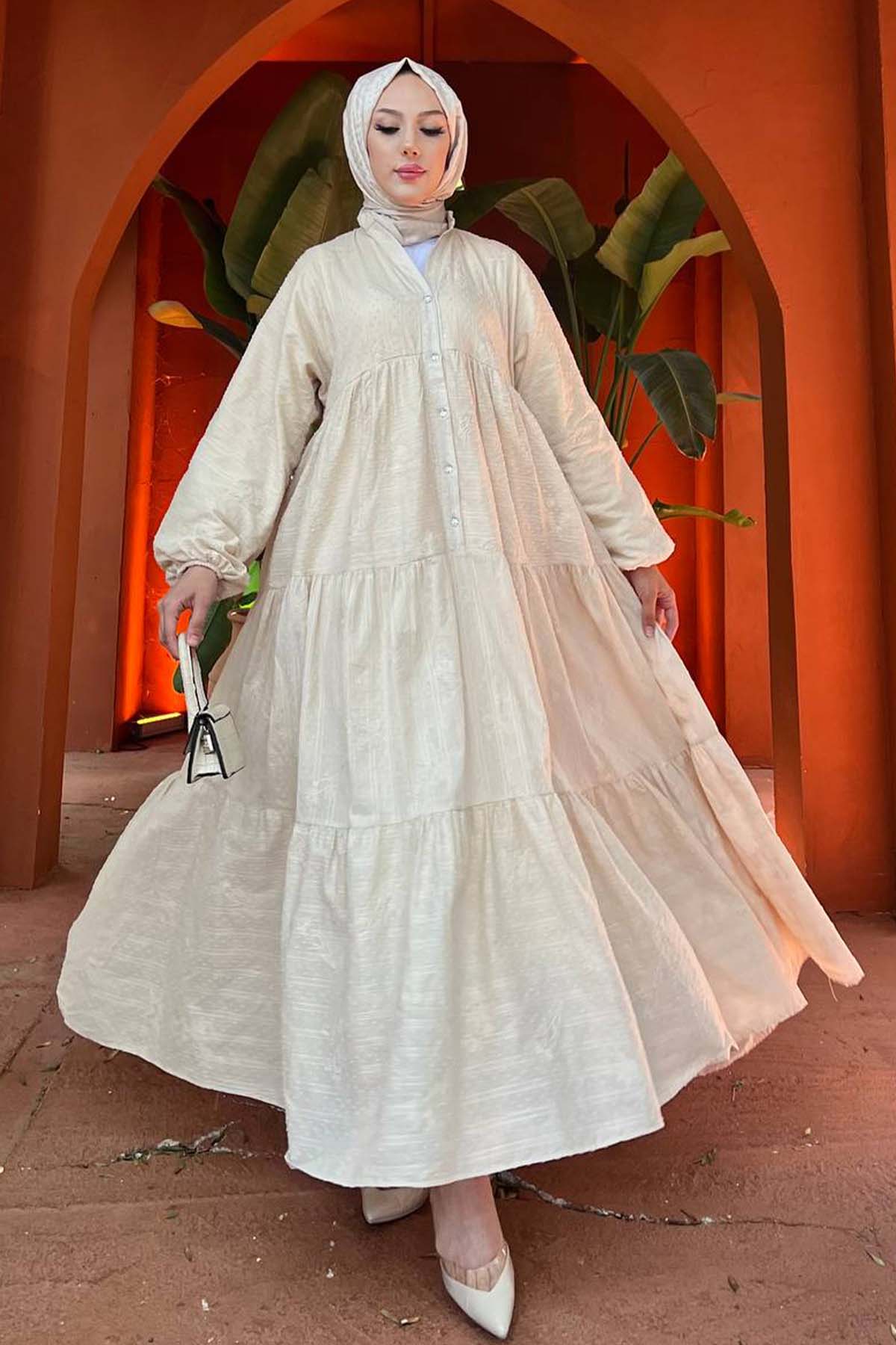 Çiçek Kabartma Desenli Elbise Krem 1000